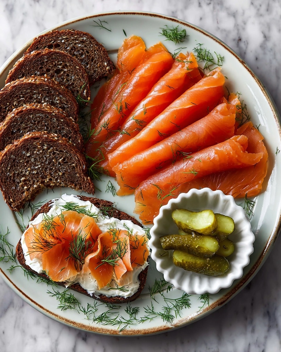 A white plate on a white marbled surface holds an arrangement of food with a total of four main parts: on the right side, there are two neat rows of bright orange smoked salmon slices showing their smooth, slightly glossy texture; on the left side, three pieces of dark brown rye bread have a rough texture with visible seeds; a small white scalloped bowl near the center holds light green pickle slices garnished with dill; at the bottom, a slice of rye bread is spread with creamy white cheese, topped with curled salmon slices and pickle slices, sprinkled with chopped dill around the plate. Photo taken with an iphone --ar 4:5 --v 7