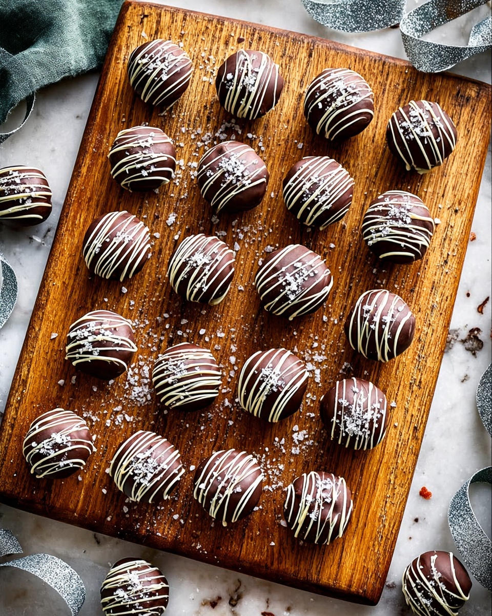 The image shows a wooden board filled with 24 round chocolate balls arranged in a grid-like pattern. Each chocolate ball is covered in smooth dark brown chocolate and decorated with thin white chocolate drizzle patterns across the top. There is a light sprinkling of coarse sea salt on top of several balls, adding texture and contrast. The wooden board sits on a white marbled surface scattered lightly with salt and festive ribbons. Photo taken with an iphone --ar 4:5 --v 7
