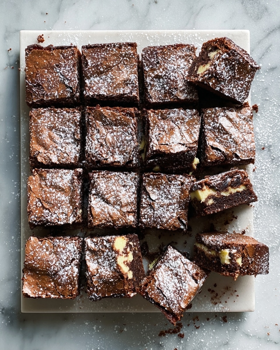 The image shows a square white tray filled with sixteen pieces of chocolate brownies cut into squares. The top layer of the brownies is cracked with a shiny, slightly crusty texture, dusted with a light layer of powdered sugar that contrasts with the dark brown color of the chocolate. Some pieces have visible swirls of lighter cream or cheese mixed inside, adding a touch of creamy pale yellow in the middle layers. A few brownie pieces are pulled slightly off the tray, showing the moist, dense inside with chunks and texture. The tray sits on a white marbled surface, with small crumbs scattered around. Photo taken with an iphone --ar 4:5 --v 7