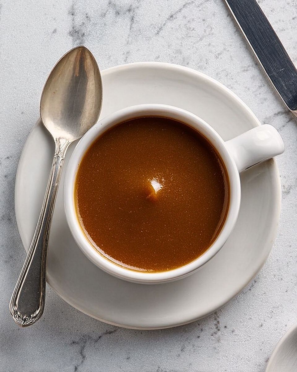 A white bowl filled with thick, smooth brown sauce with a glossy texture sits on a matching white plate. A silver spoon with a rounded bowl rests diagonally next to the bowl on a white marbled surface. A knife is partially visible to the right side of the image, pointing towards the bowl. photo taken with an iphone --ar 4:5 --v 7