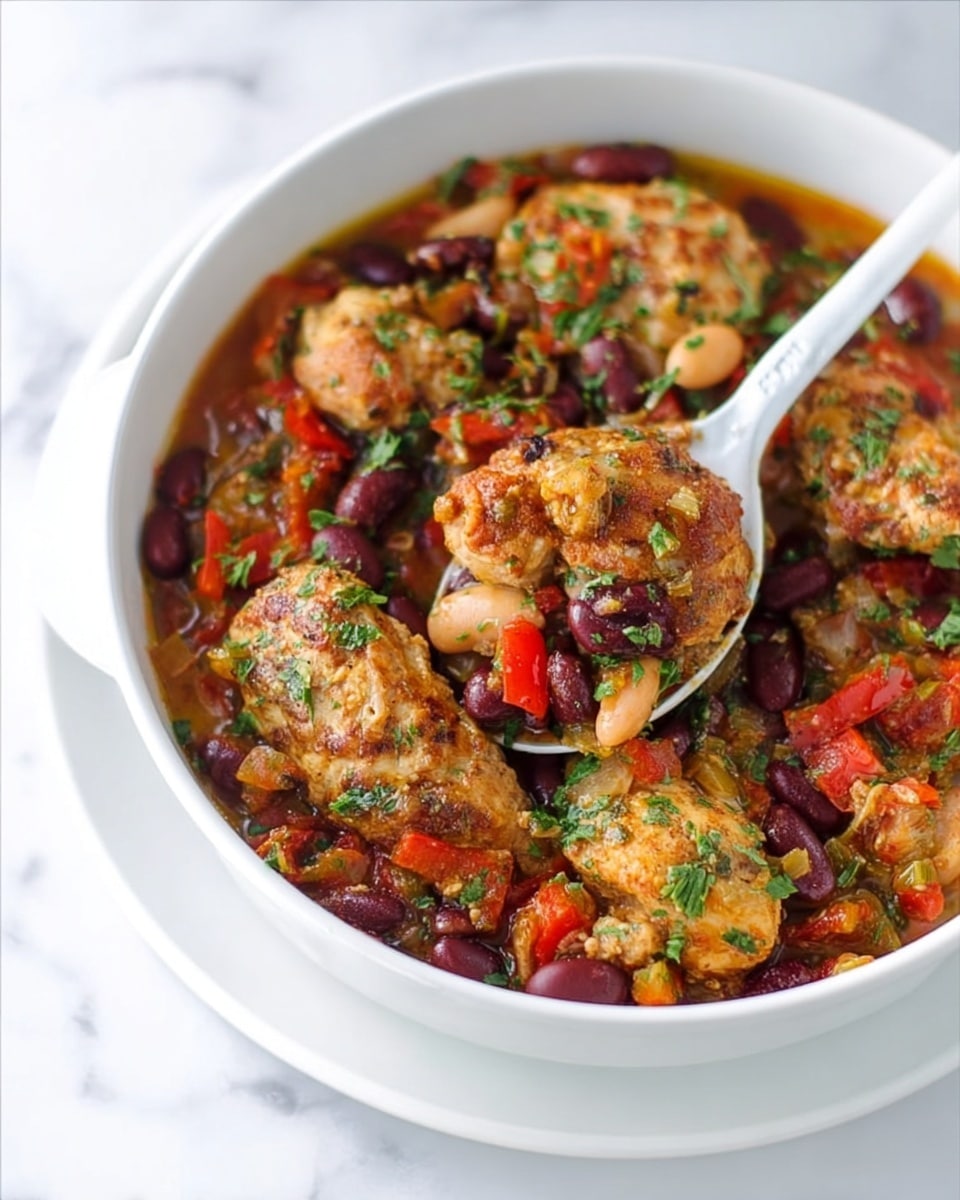 A white round dish filled with a stew that has several layers; the bottom layer is a mix of white and dark red beans along with diced red bell peppers, giving a colorful base with soft texture, while the middle layer consists of chunky cooked vegetables mixed with the beans. On top, there are pieces of cooked chicken, browned and juicy, scattered with chopped green herbs. A white spoon is resting inside the dish, holding a piece of chicken and some beans and vegetables. The background is a white marbled texture. Photo taken with an iphone --ar 4:5 --v 7