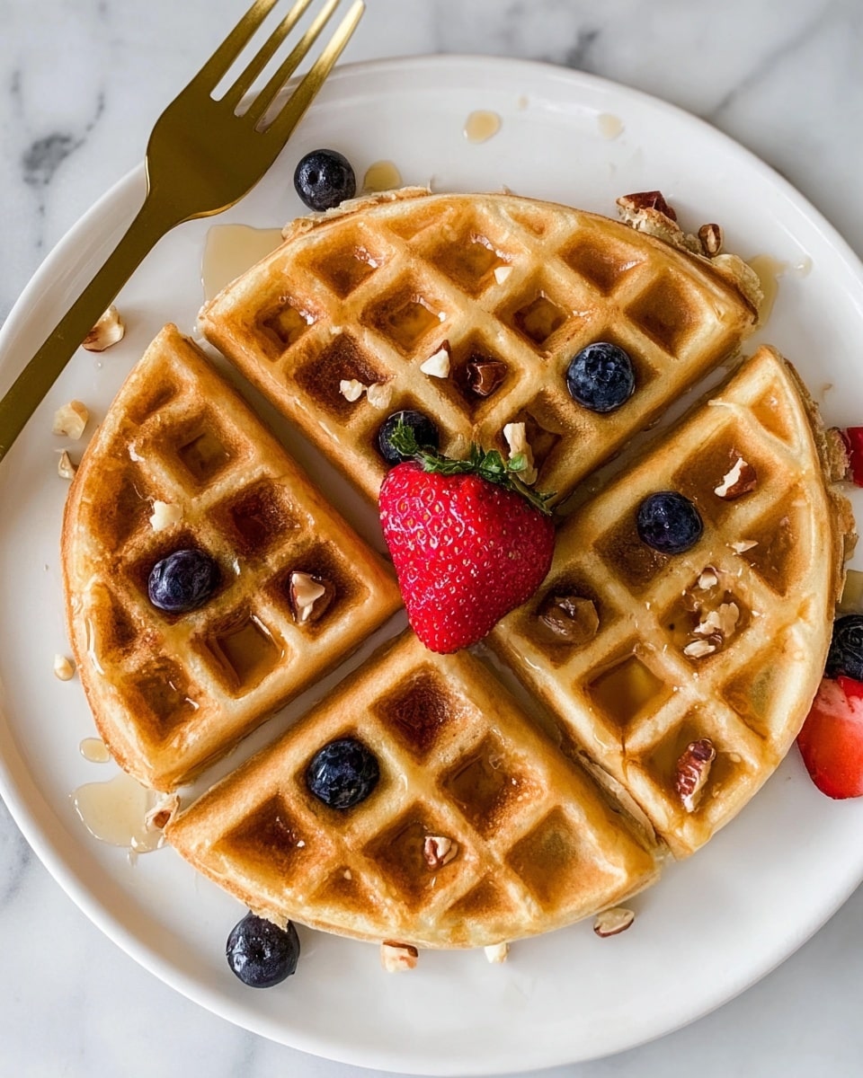 A single round waffle is cut into four equal pieces, arranged on a white plate. The waffle is golden brown with a crisp texture, showing small grid patterns typical of waffles. Each quarter has rain drops of syrup glistening in the light and is topped with a fresh red strawberry with green leaves. Blueberries and small broken pieces of light brown nuts are scattered across the waffle and the plate. A golden fork lies near the upper left of the plate, all set on a white marbled surface. Photo taken with an iphone --ar 4:5 --v 7