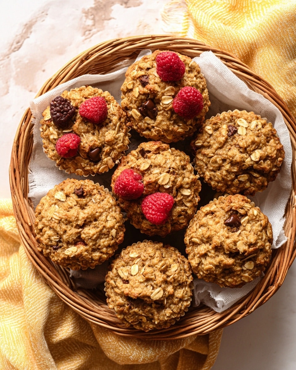 A round wicker basket lined with white parchment paper holds ten oat muffins arranged closely together, each muffin showing a rough texture of baked oats on top; some muffins are decorated with red raspberries while others have visible dark brown chocolate chips or light brown apple chunks embedded in the oats. The basket rests on a white marbled surface with a yellow and white cloth partially in the background. The oats on the muffins appear golden brown with uneven, bumpy tops. photo taken with an iphone --ar 4:5 --v 7