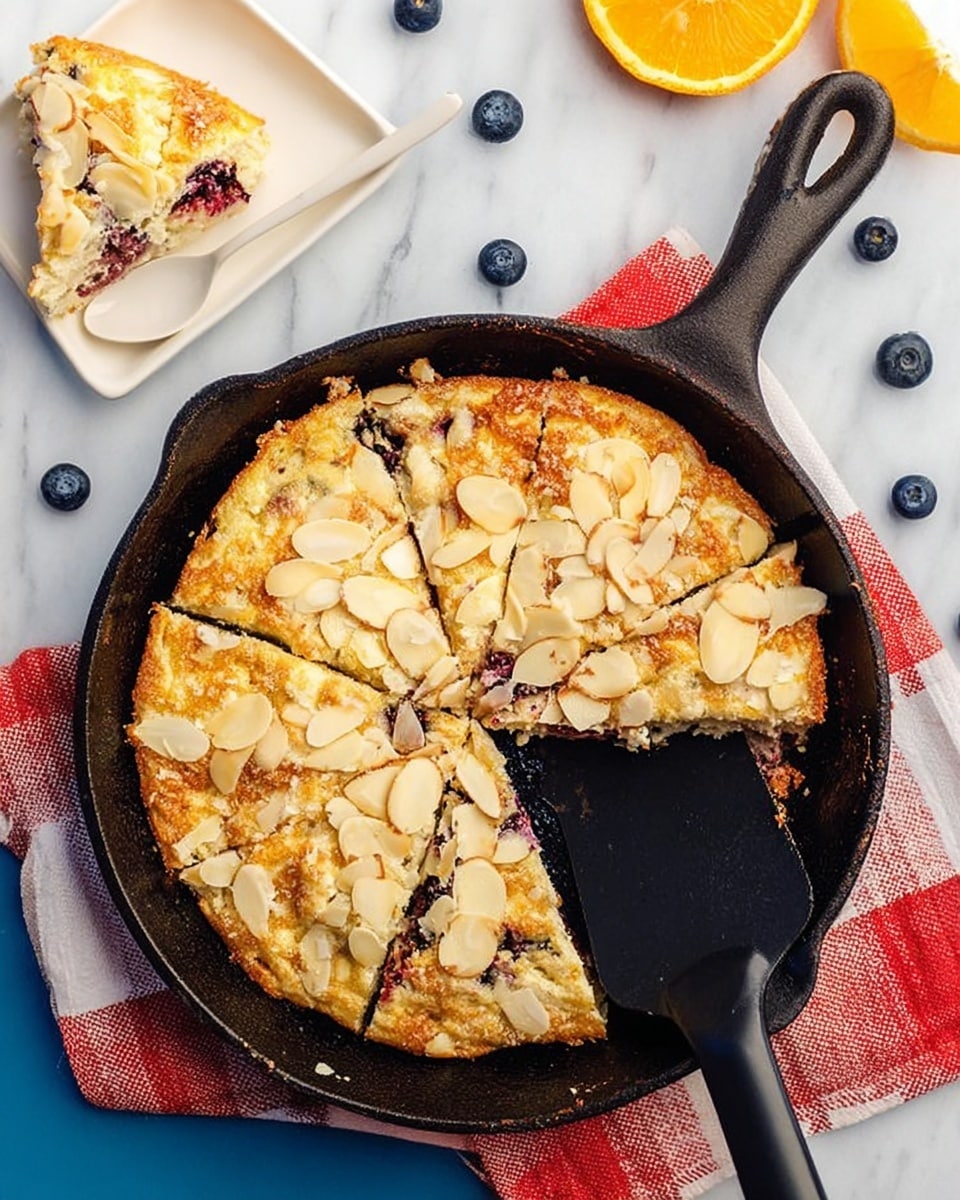 A cast iron skillet contains a baked dish cut into pieces, with one piece removed showing a golden, slightly crispy edge and soft, moist inside; the top layer is covered with cream-colored almond slices, while beneath that is a light golden batter with visible bits of darker berries. The skillet rests on a white and red checked cloth on a white marbled surface, with a black spatula lifting one piece out of the pan. Nearby are a few scattered blueberries and a bright orange slice. In the upper left corner, a white square plate holds a similar piece of the dish with a white spoon resting beside it. Photo taken with an iphone --ar 4:5 --v 7