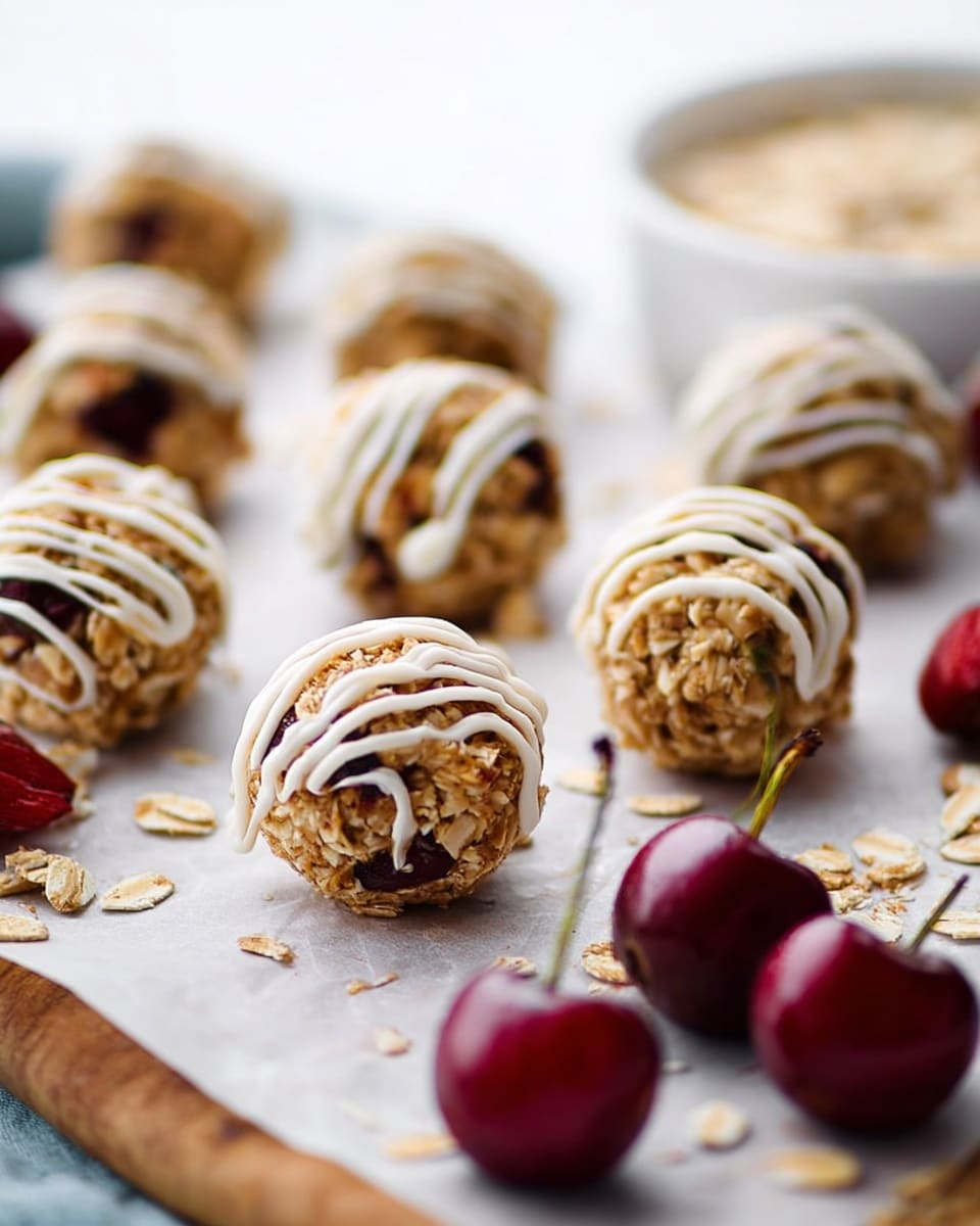 The image shows several small, round oat balls placed on a white marbled surface with parchment paper underneath. Each oat ball has a rough, textured layer of oats mixed with what looks like cherry pieces embedded inside, showing a dark red color peeking through. The oat balls are topped with thin, wavy lines of white drizzle that add a smooth contrast to the rough texture. A few fresh cherries are placed nearby, giving a pop of deep red and green with their stems attached. There is also a glimpse of a white bowl filled with loose oats on the right side. The scene is bright and focused on the details of the oat balls. photo taken with an iphone --ar 4:5 --v 7