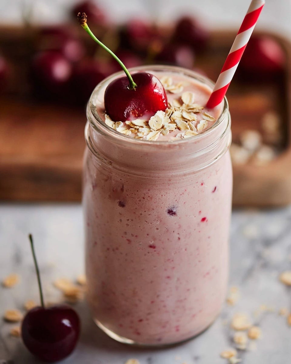 A tall clear glass jar filled with a thick light pink smoothie that has a creamy texture with small specks of darker pink inside. The top layer is sprinkled with light beige oat flakes covering part of the surface. Two red cherries with green stems sit on top, one whole and the other cut in half showing its inside. A red and white striped paper straw is placed on the right side of the jar. The jar stands on a white marbled surface with blurred red cherries and a wooden tray visible in the background. photo taken with an iphone --ar 4:5 --v 7