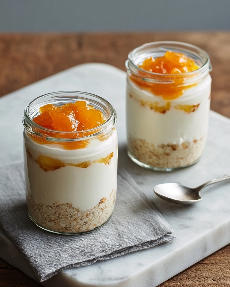 Two glass jars each hold a three-layer dessert placed on a white marbled textured surface. The bottom layer is beige and grainy, a mix of oats or similar grains. Above that, a thick, smooth white cream layer fills the jars nearly to the top. The top layer has small dollops of bright orange fruit compote or jam sitting in the middle. Each jar is positioned on a light gray cloth napkin with a silver spoon next to it. Photo taken with an iphone --ar 4:5 --v 7