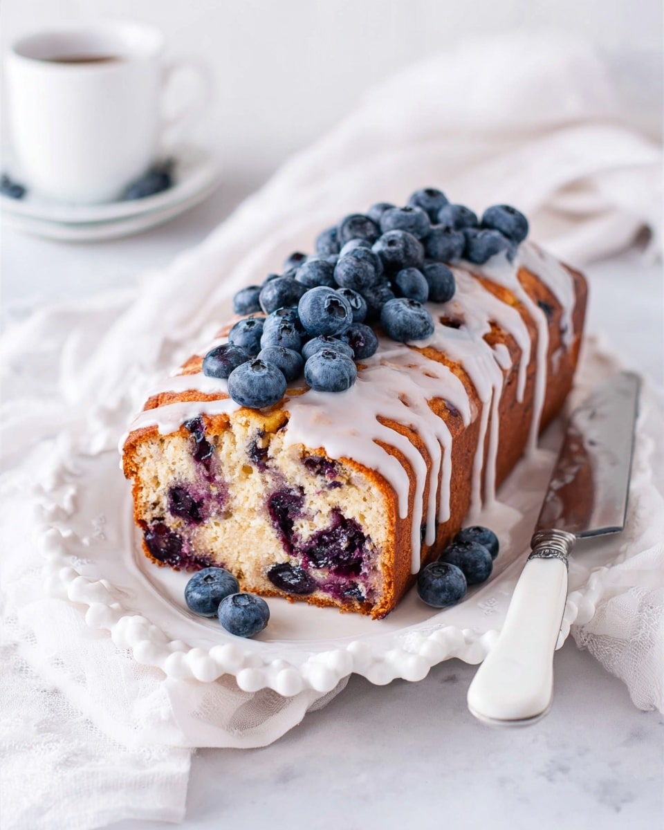 A loaf cake sits on a white scalloped plate on a white marbled texture, with a silver and white knife beside it. The cake has two visible layers inside, with a light beige dough studded with many dark purple blueberries. The top is golden brown and drizzled with white icing that flows down the sides. On top of the icing, fresh whole blueberries are arranged in clusters. In the background, there is a white cup on a saucer and soft white fabric. The overall look is bright and fresh. photo taken with an iphone --ar 4:5 --v 7