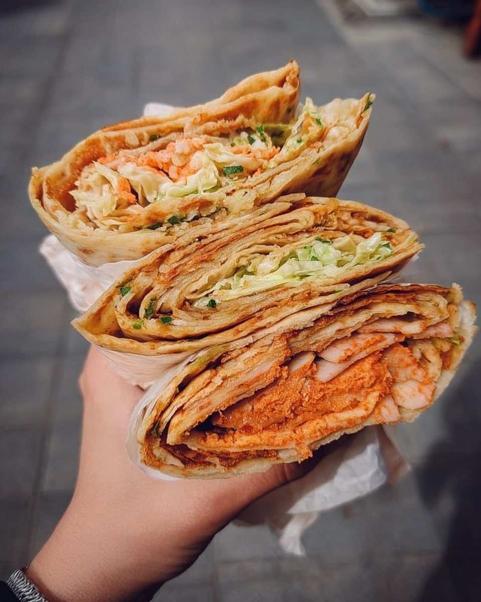 A close-up of a woman's hand holding two thick folded wraps wrapped in light yellow paper. Each wrap shows multiple layers of soft, light brown flatbread with an orange, crispy filling and hints of green herbs mixed in. The top wrap also contains shredded pale yellow cabbage and thin orange strips that look like carrots, adding texture and color. The background is a gray paved surface. photo taken with an iphone --ar 4:5 --v 7