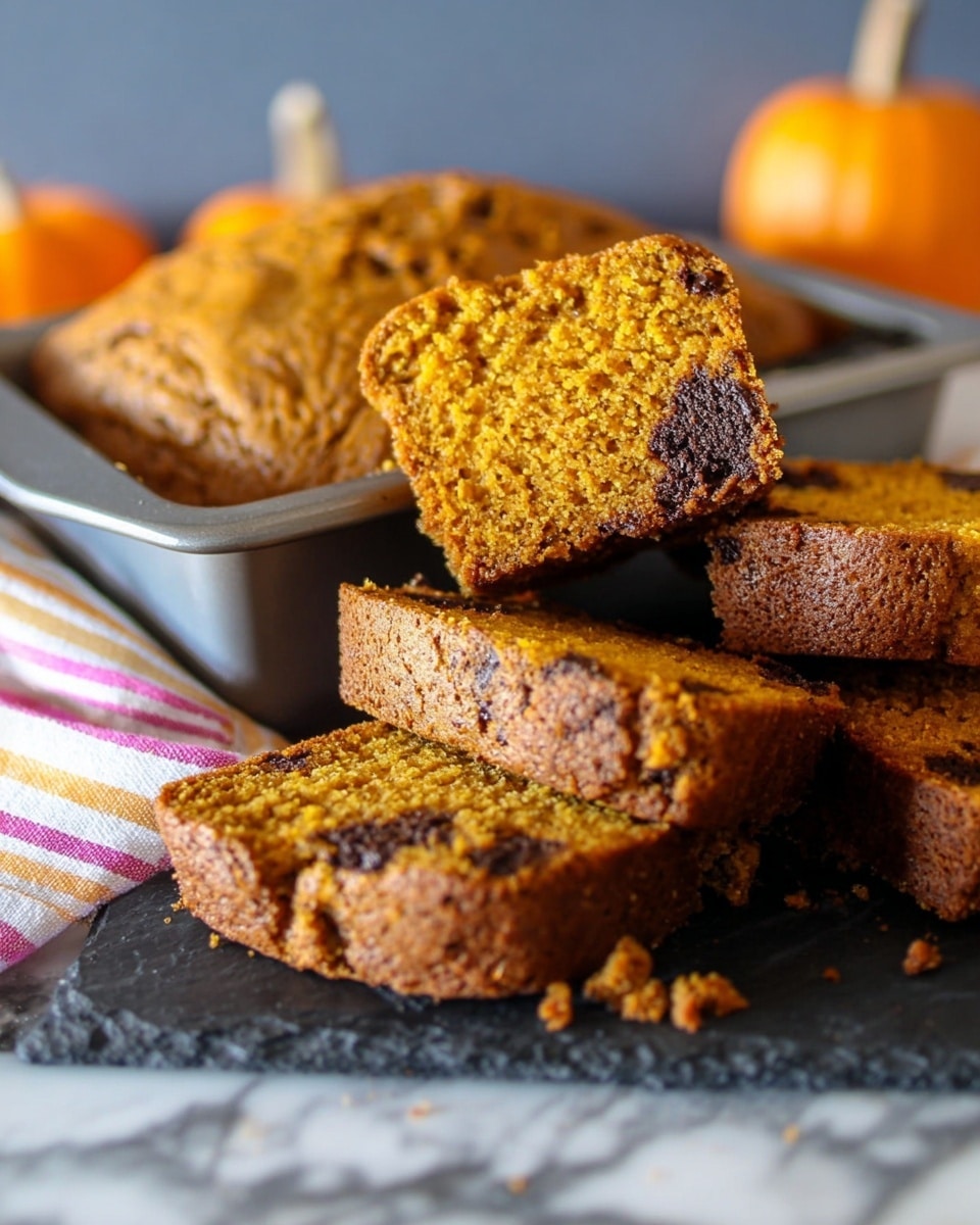 A close-up of several thick pumpkin bread slices stacked on a flat black board, showing a moist, grainy orange interior with some darker spots of chocolate chips and a darker brown crust around the edges. Behind the stack is a gray metal pan with more pumpkin bread that has a smooth, cracked golden brown top. The pan rests on a folded towel with pastel stripes. The scene is set on a white marbled texture with blurred small orange pumpkins and some out-of-focus background. photo taken with an iphone --ar 4:5 --v 7