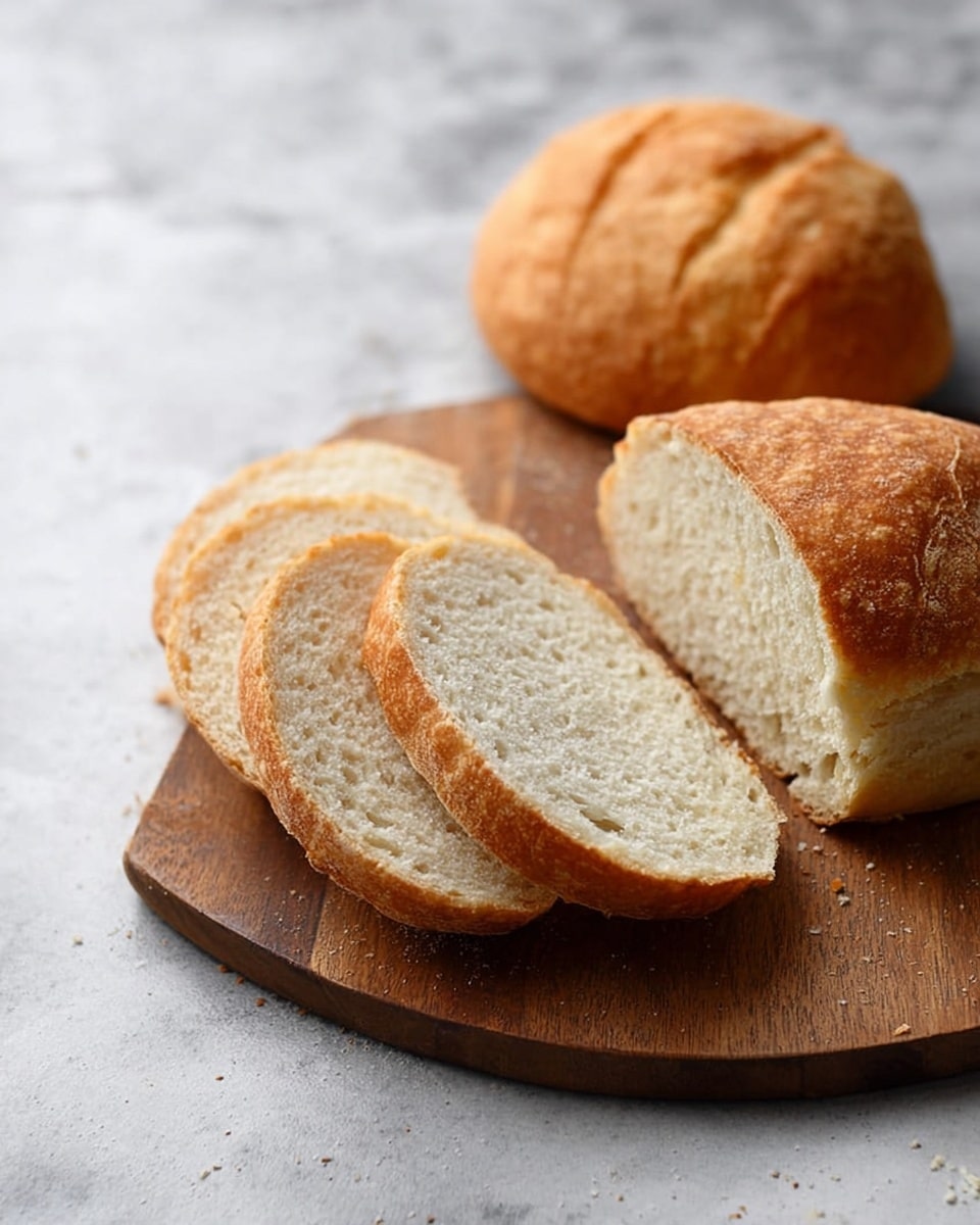 The image shows a wooden cutting board on a white marbled surface with a round loaf of bread cut in half. One half is left whole, while the other half is sliced into five pieces arranged in a slight fan shape. The bread has a golden-brown crust and a soft, porous white inside. Another whole bread piece sits behind the cutting board, slightly blurred. The lighting is soft, creating a gentle shadow on the bread texture. Photo taken with an iphone --ar 4:5 --v 7
