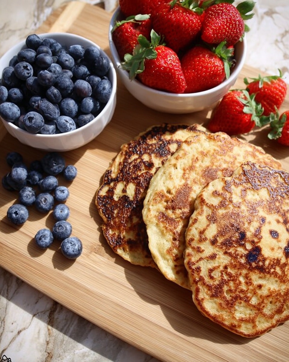The image shows three brown, round pancakes with a slightly uneven, textured surface placed on a light wooden board, stacked closely together with one pancake slightly overlapping the others. To the left, there are fresh red strawberries with green leaves and many small, round, dark blue blueberries scattered around and inside two white bowls, one filled with blueberries and the other with strawberries. The scene is set outdoors with soft natural sunlight highlighting the colors and textures, and the background features a white marbled texture. photo taken with an iphone --ar 4:5 --v 7