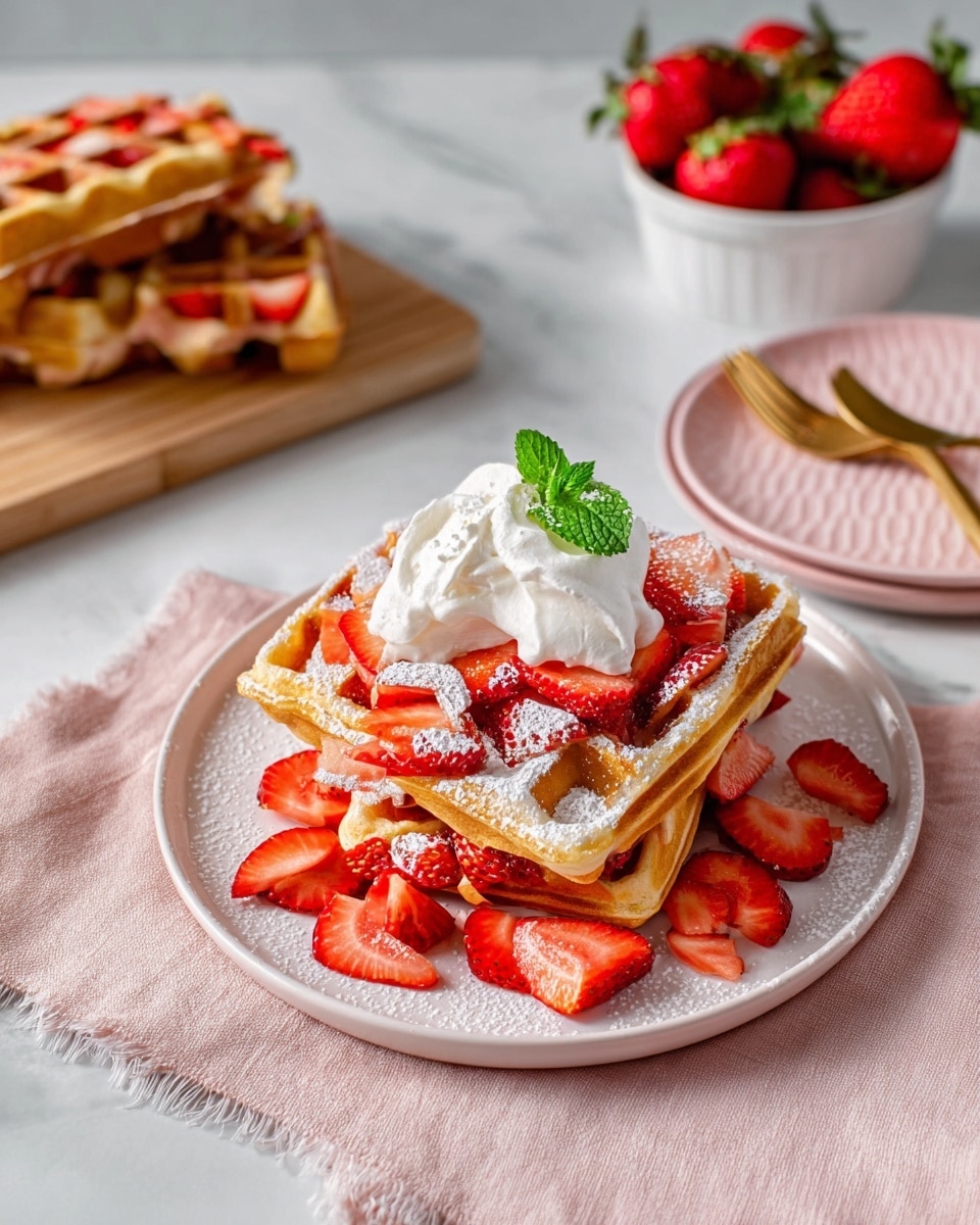 The image shows two triangular pieces of golden-brown waffles stacked on a white plate with fresh red strawberry slices around and inside the waffles, dusted with powdered sugar. On top of the waffles, there is a dollop of white whipped cream decorated with a small green mint leaf. In the background, there is a white ramekin bowl filled with whole bright red strawberries on a wooden board, and a long white plate with more sliced strawberries and waffle triangles. A gold fork rests on a pale pink cloth napkin on a white marbled surface. photo taken with an iphone --ar 4:5 --v 7
