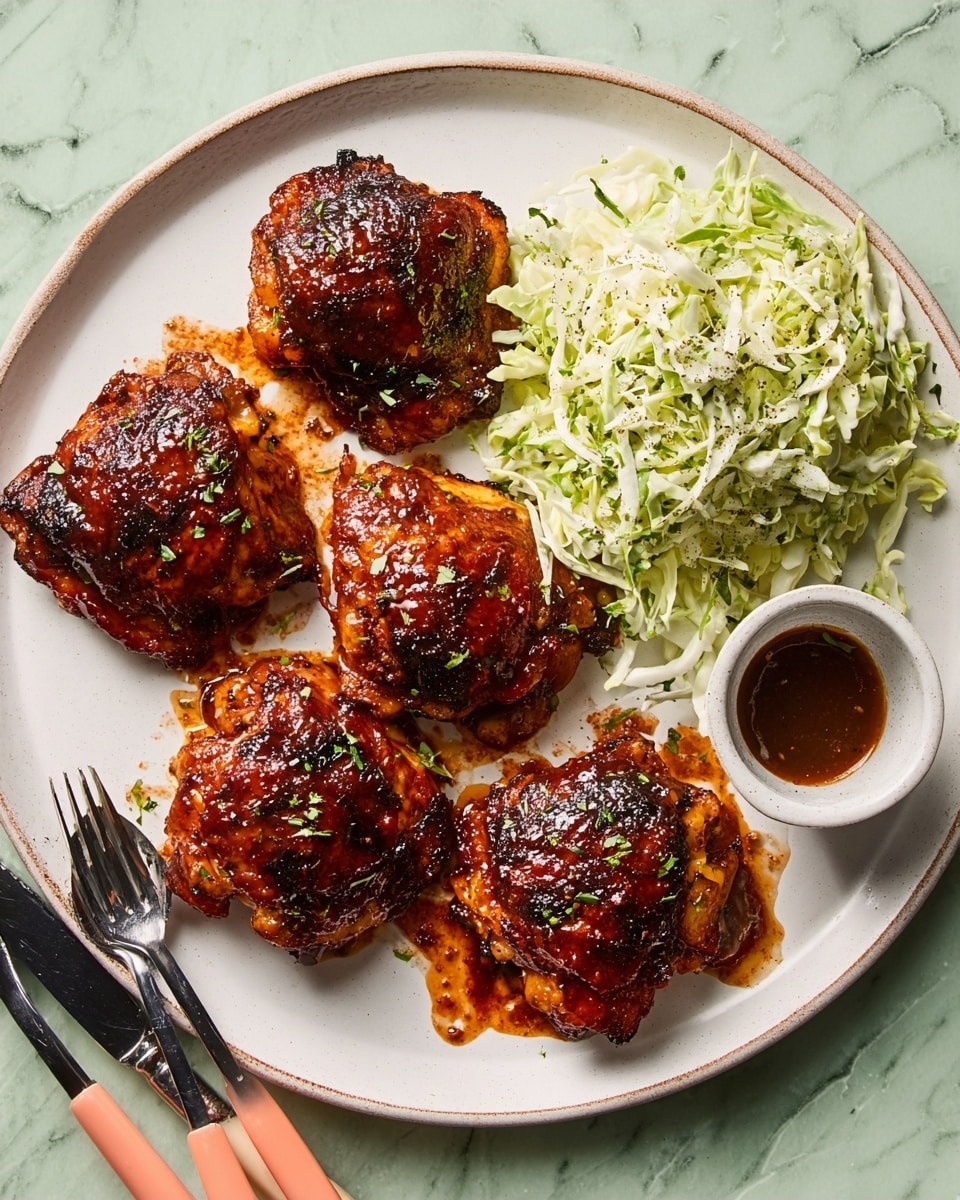 A white plate with six pieces of dark reddish-brown grilled chicken thighs covered in a shiny sauce, arranged on the left side, next to a small white bowl filled with light green coleslaw made of shredded cabbage and sprinkled with herbs on the right side; a small white cup with extra sauce sits at the bottom left of the plate. The plate is on a white marbled surface, and two forks with black tips and peach handles rest in the bottom left corner. Photo taken with an iphone --ar 4:5 --v 7