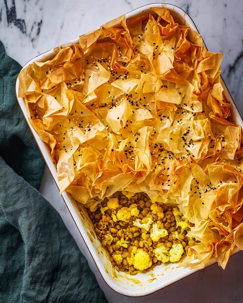 A white rectangular dish is filled with a baked casserole showing two main layers. The bottom layer is a mix of green lentils and cauliflower, visible as light yellow and pale green chunks. The top layer has several crumpled, thin, golden-brown sheets of phyllo dough with small black seeds sprinkled on them. The phyllo dough is unevenly wrinkled and covers most of the dish except for a corner where the lentil-cauliflower layer can be seen. The dish sits on a white marbled surface with a dark cloth partially visible on the side. Photo taken with an iphone --ar 4:5 --v 7