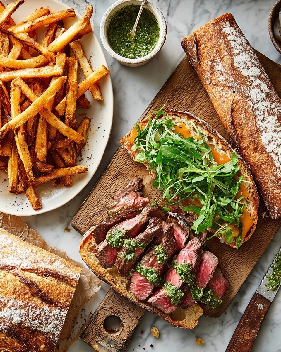 A sandwich made with a long loaf of crusty bread cut in half and laid open on a wooden board, showing three layers: a spread of light beige sauce on the bread, medium-rare steak slices with a pink center and charred edges, and green arugula leaves with dollops of bright green pesto sauce scattered on top; to the left, a bowl filled with golden, crispy French fries, seasoned with black pepper, and above it, a small bowl of green sauce with a silver spoon inside; the bread loaf is placed above the sandwich, and a serrated knife with a wooden handle lies below on the wooden board; the whole scene sits on a white marbled surface. photo taken with an iphone --ar 4:5 --v 7