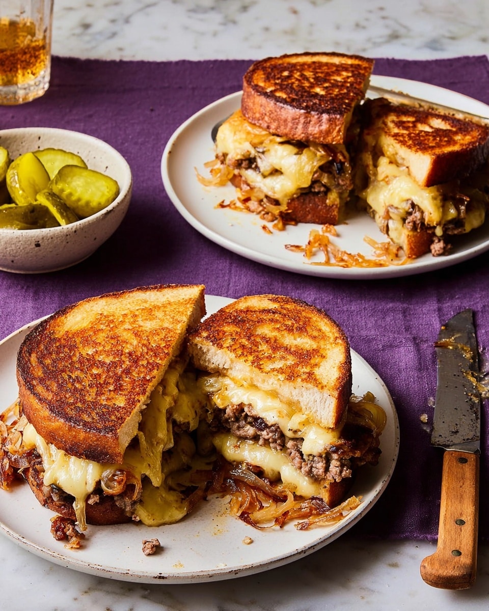 The image shows two white plates on a white marbled surface with two grilled sandwiches. The sandwich on the plate in the front has two golden-brown toasted bread slices with melted, gooey cheese dripping slightly out of the edges and crispy fried onions inside. The second plate in the background holds a sandwich cut diagonally in half, showing layers with gooey white melted cheese, a thick beef patty, crispy fried onions, and a piece of crispy bacon. A knife rests on the edge of this plate. Nearby, there is a small bowl with thick pickle slices and some yellow cabbage. The overall colors include warm golden browns of the toasted bread and melted cheese with contrasting greenish-yellow pickles. photo taken with an iphone --ar 4:5 --v 7