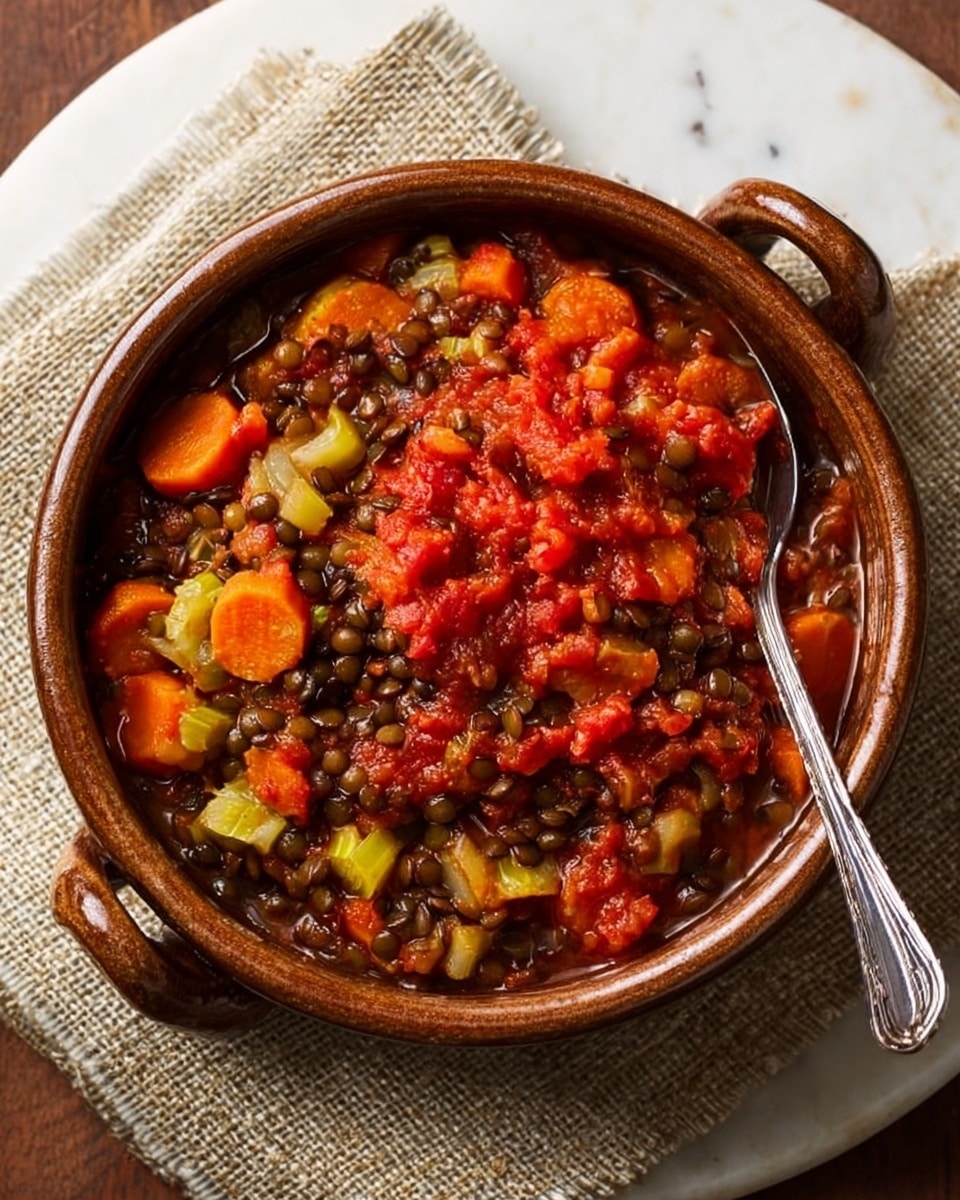 A rustic round brown clay bowl with two small handles is filled with a cooked vegetable stew consisting of three visible layers: the bottom layer is a thick rich tomato-based sauce with dark lentils, the middle layer has slices of light green celery and yellow zucchini, and the top layer shows bright orange carrot rounds and small bits of red pepper. A silver spoon rests inside the bowl on the right side, slightly submerged in the stew. The bowl sits on a textured beige woven mat over a white marbled surface. Photo taken with an iphone --ar 4:5 --v 7