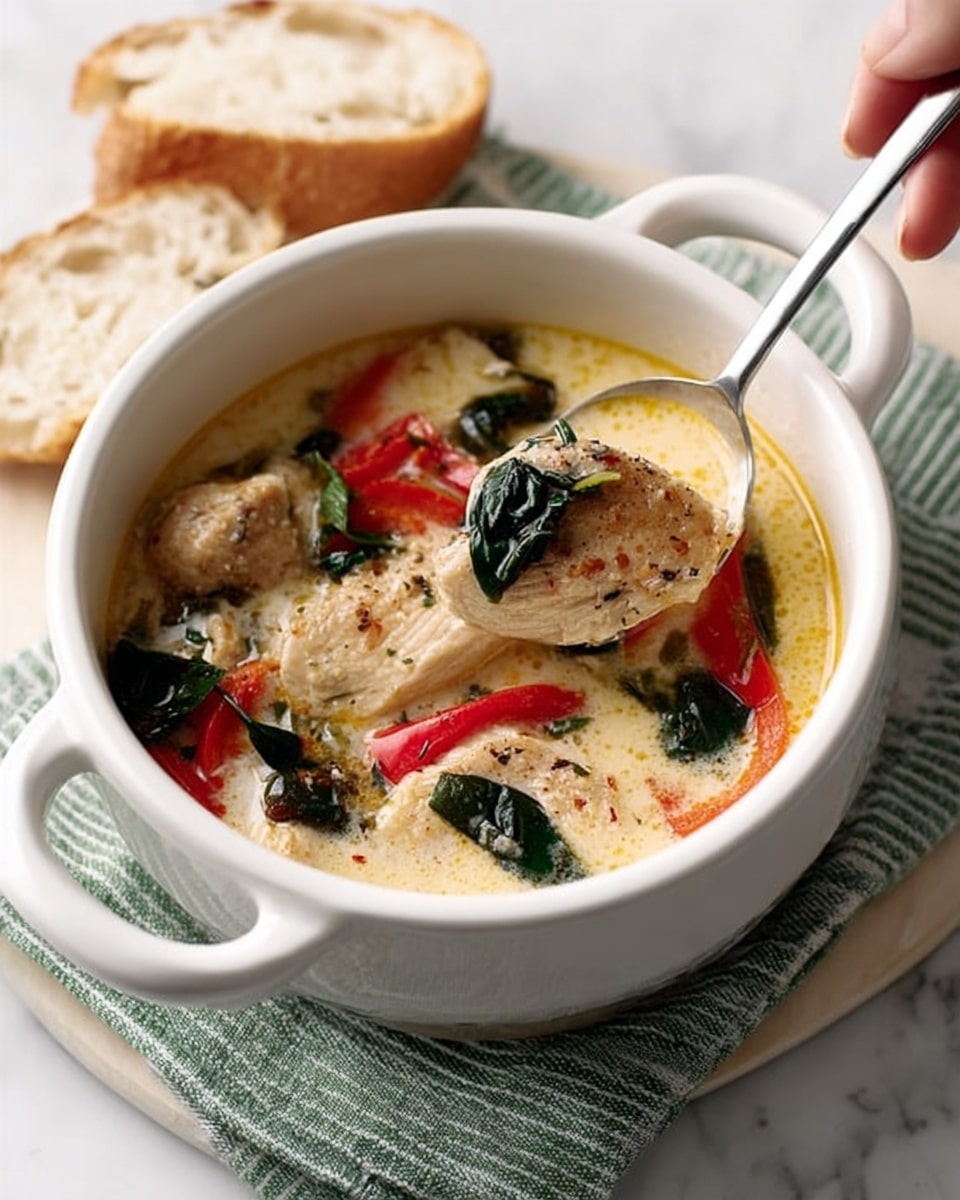 A white ceramic bowl with two handles holds a creamy yellow soup filled with several brown cooked chicken pieces, bright red bell pepper chunks, and dark green leafy vegetables floating on the surface. A white ladle is partially submerged, scooping up the soup and some chicken, resting inside the bowl. The bowl sits on a pale green striped cloth over a white marbled surface. Nearby, two slices of light brown crusty bread rest on the surface beside the bowl. photo taken with an iphone --ar 4:5 --v 7