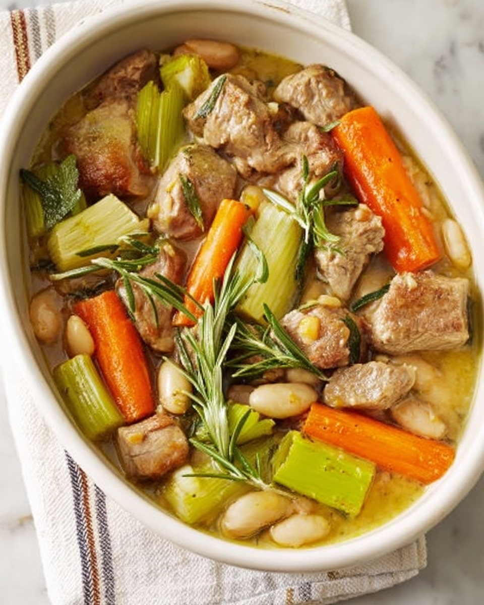 A white oval dish filled with a stew made of chunky pieces of light brown meat, large carrot segments in bright orange, pale green leek pieces cut in thick rounds, and white beans scattered throughout in a light broth. Some fresh green rosemary sprigs sit on top adding color contrast. The dish rests on a white marbled surface with a white and beige striped cloth underneath. Photo taken with an iphone --ar 4:5 --v 7