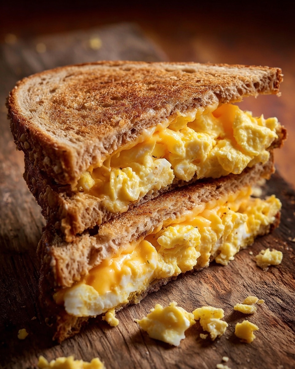 Two slices of golden-brown toasted whole grain bread form a sandwich, cut diagonally in half and leaning against each other. Inside, there are scrambled eggs with a soft and slightly fluffy texture, pale yellow in color, paired with a layer of melted orange cheddar cheese that oozes gently between the eggs and bread. Some scrambled egg pieces have spilled out onto the white marbled surface beneath the sandwich. The toasts show a crisp crumbly texture with a speckled grain pattern visible on the surface. Photo taken with an iphone --ar 4:5 --v 7