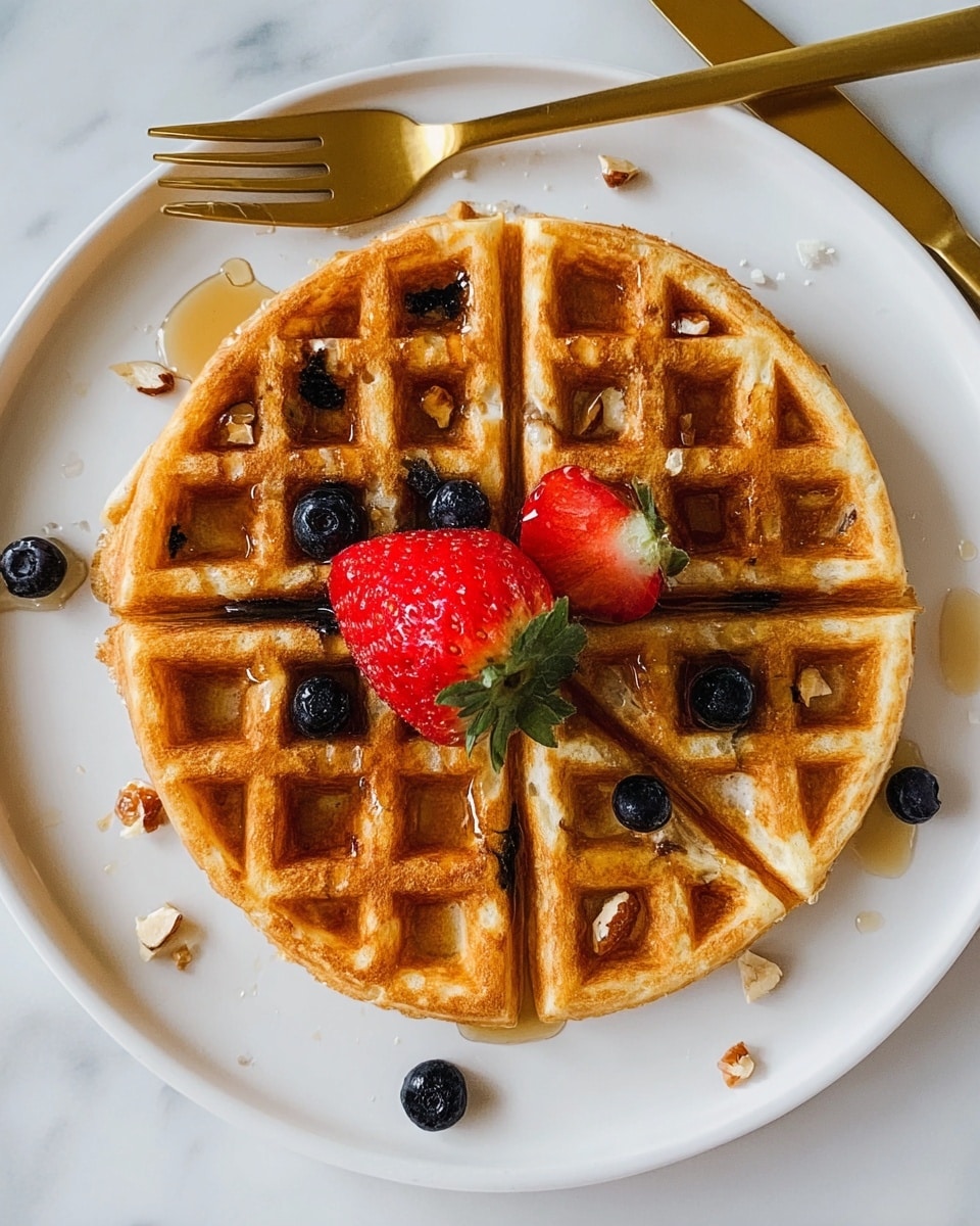 A round golden-brown waffle cut into four equal pieces sits at the center of a white plate. Each quarter piece shows the waffle’s classic square pattern with a crisp, slightly textured surface. On top of the waffle pieces, there are bright red strawberries with green leafy stems and small dark blue blueberries placed sparingly. Small light beige nut bits are scattered across the waffle’s surface. A light drizzle of amber-colored syrup glistens across the waffle and pools slightly in the squares. The plate rests on a white marbled texture, with a gold fork placed nearby and a few scattered blueberries and a strawberry around the plate. Photo taken with an iphone --ar 4:5 --v 7