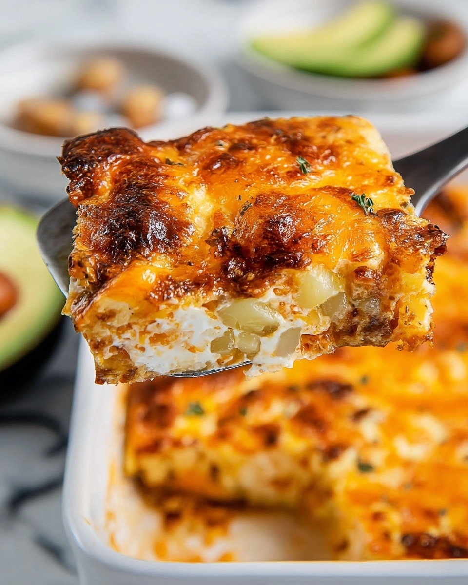 A close-up of a square piece of baked casserole lifted on a metal spatula, showing a crisp brown top layer of melted cheese with browned spots and small chunks of cooked onion mixed in, resting above a slightly visible creamy bottom layer. The casserole is in a white baking dish on a white marbled surface, with a blurred sliced avocado and sauce bowl nearby. The texture looks bubbly and cheesy with a crunchy top crust, and the piece is held by a woman's hand out of frame. photo taken with an iphone --ar 4:5 --v 7