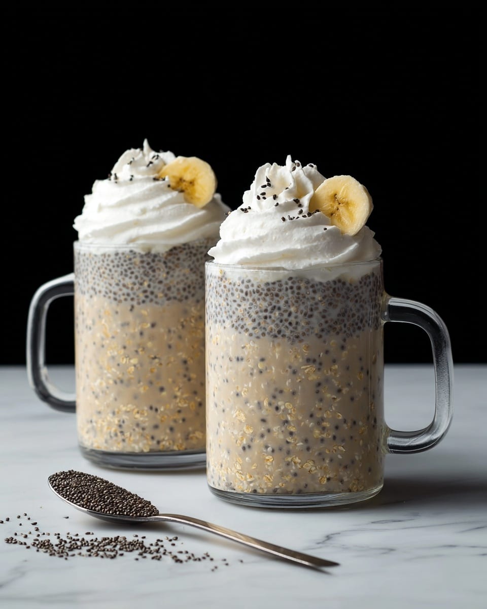 Two clear glass mason jars filled with a thick, beige chia seed pudding mixed with visible oats and small black chia seeds, taking up about three-quarters of each jar. On top of the pudding is a generous, fluffy swirl of white whipped cream, sprinkled with tiny black chia seeds. Each jar is garnished with a single round banana slice placed on the whipped cream near the jar edge. The jars are placed on a white marbled surface with a silver spoon and scattered chia seeds in front, and the background is solid black. Photo taken with an iphone --ar 4:5 --v 7
