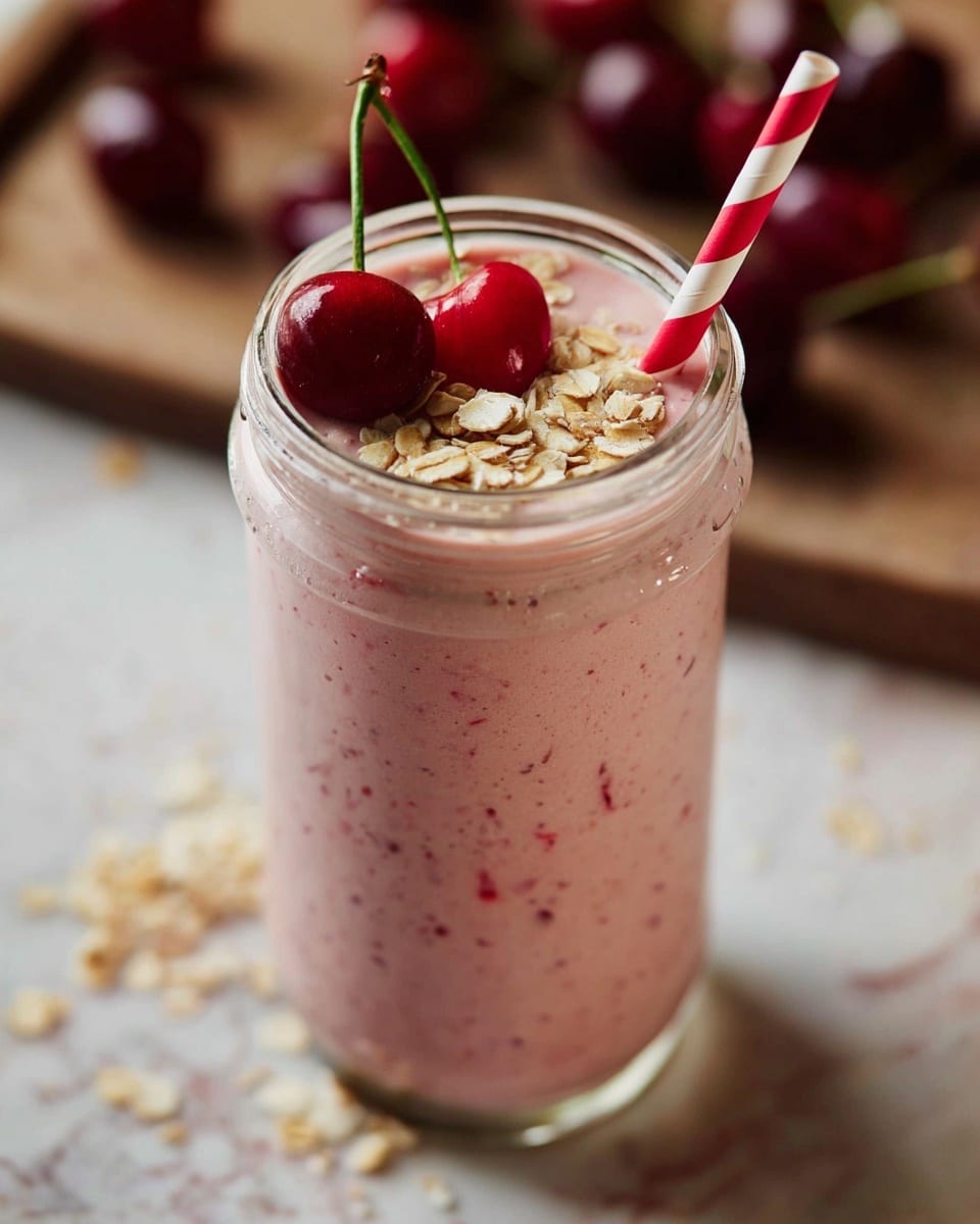 A thick pink cherry smoothie fills a clear glass jar, topped with scattered light beige oat flakes resting on the creamy surface. Two ripe dark red cherries with green stems sit on top, one whole and one cut in half, adding a fresh touch. A red and white striped straw leans inside the jar from the upper right side. The jar is placed on a white marbled surface with blurred cherries and a banana slice faintly visible in the background. photo taken with an iphone --ar 4:5 --v 7