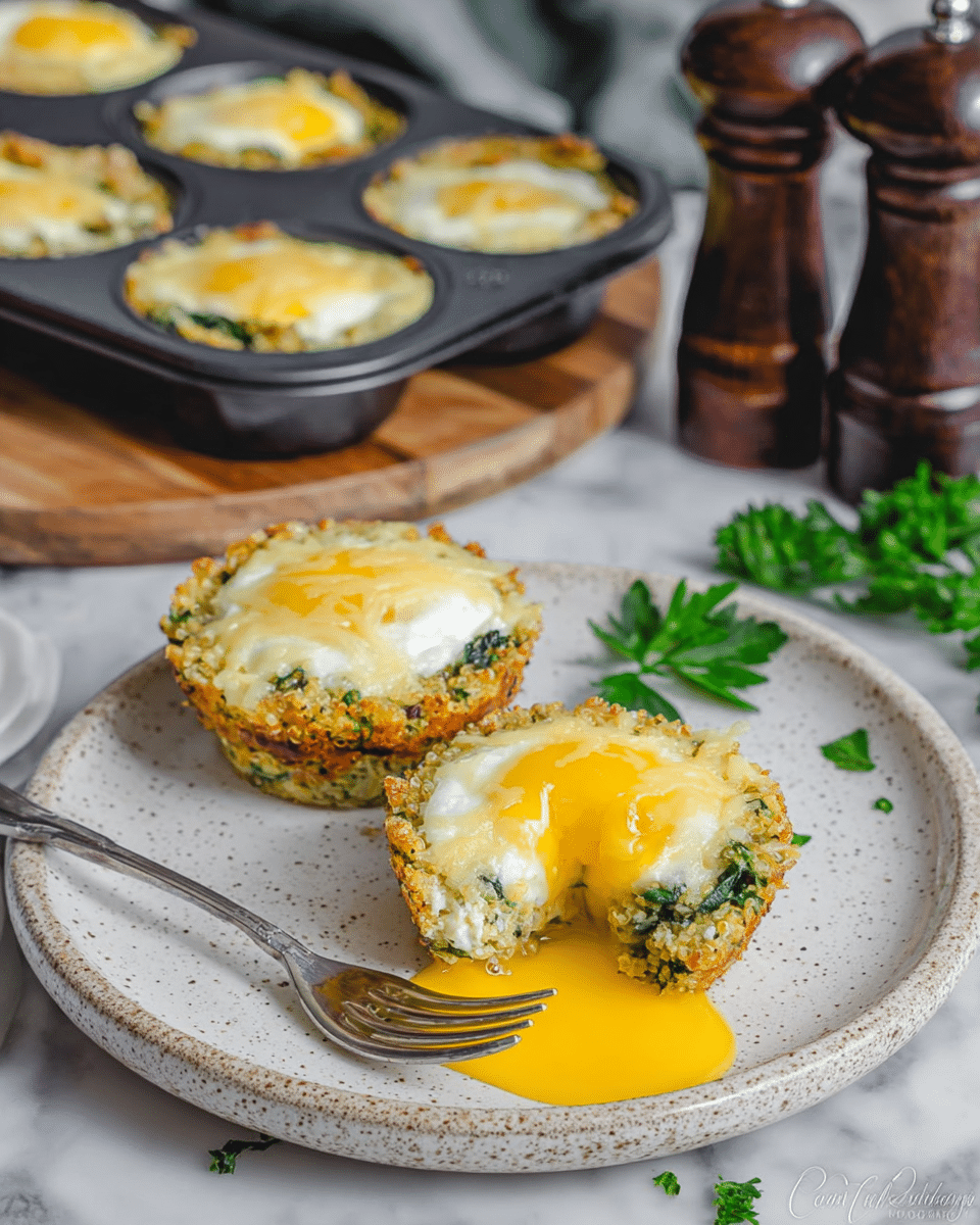 The image shows two small round egg muffins on a large white speckled plate with brown rim details. Each muffin has a textured light beige base mixed with green leafy bits, topped with a glossy, smooth layer of melted yellow cheddar cheese melting into creamy white egg whites. One muffin is untouched and whole, while the other is partially cut with a fork holding a soft scoop of the inside, revealing gooey bright yellow egg yolk flowing out. In the background to the left, there is a black muffin baking tray with eight similar egg muffins, also topped with melted cheese. The plate rests on a white marbled surface with fresh green herbs beside it and a blurred dark pepper grinder in the back right. photo taken with an iphone --ar 4:5 --v 7