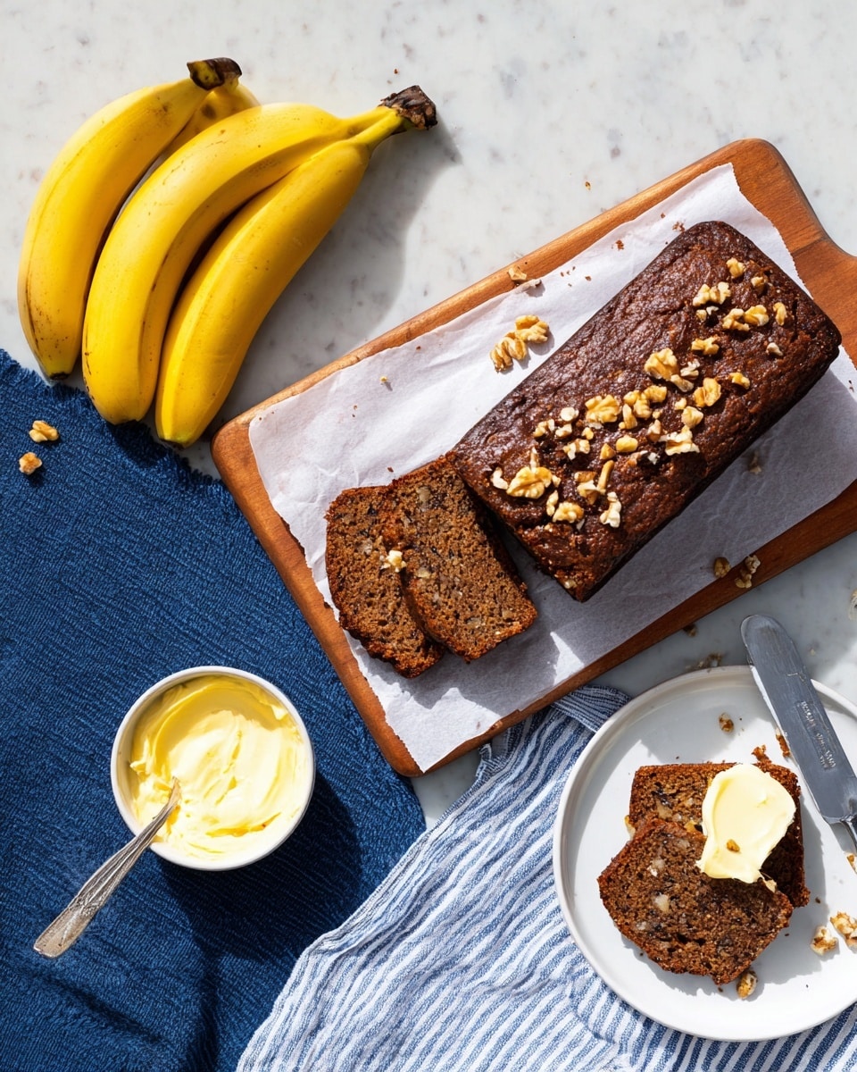 A loaf of dark brown banana bread topped with chopped walnuts rests on crinkled white parchment paper over a wooden cutting board. Two slices have been cut, showing a moist, dense texture with visible walnut pieces inside. To the left, two bright yellow bananas lie on a deep blue cloth. Below the board, a small bowl of yellow softened butter with a silver knife rests on a white cloth with blue stripes. In the upper right, a white plate holds one slice of banana bread with butter spread on top, along with a small broken piece beside it. The scene is set on a white marbled texture background. photo taken with an iphone --ar 4:5 --v 7