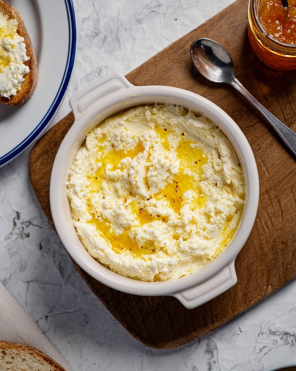 A white round dish with handles on each side filled with a creamy, slightly lumpy pale yellow spread that has melted butter pooled in between, sitting on a wooden board over a white marbled texture. To the left, there is a partial view of a white plate with a blue rim holding a piece of bread spread with the same creamy mixture. Above the dish is a silver spoon resting on the white marbled surface, and at upper right, a small glass jar filled with orange jam is partially visible. photo taken with an iphone --ar 4:5 --v 7