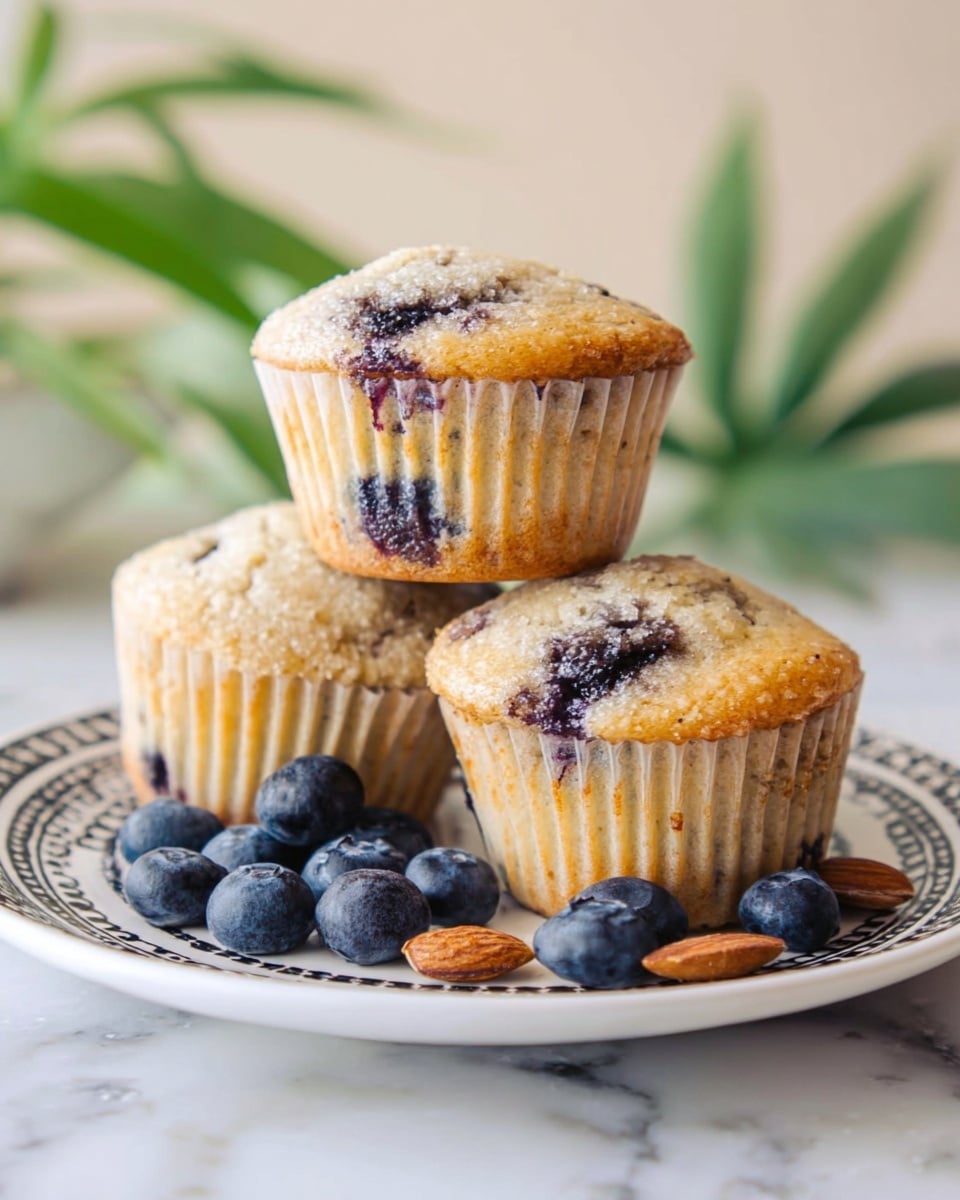A white plate with a black decorative rim holds a stack of three blueberry muffins, each with a golden-brown top and studded with dark purple blueberries that peek through the light, soft-looking batter. Two muffins sit side by side on the plate while the third is balanced on top of them in the center. Around the muffins on the plate are three fresh blueberries and a couple of small brown nut pieces. In the background, there is a soft focus on green plant leaves and a woven basket on a white marbled surface. photo taken with an iphone --ar 4:5 --v 7