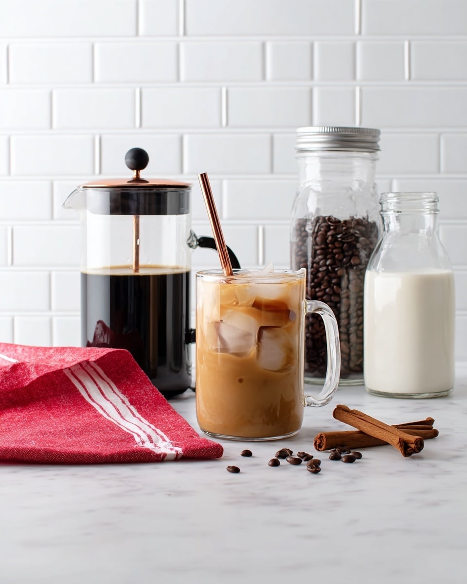 A clear glass mug filled with light brown iced coffee with visible ice cubes and a copper straw placed in the middle, standing on a white marbled surface. Behind it, there is a tall, white-lidded glass jar filled with dark brown coffee beans and two cinnamon sticks resting beside it. To the right of the jar, a white milk pitcher is placed, and farther right, a glass coffee carafe with black coffee is visible. To the left of the iced coffee, a French press filled with black coffee with a black handle and a rose gold top sits next to a folded rust-colored cloth with white stripes, all against a white tiled wall background. Photo taken with an iphone --ar 4:5 --v 7
