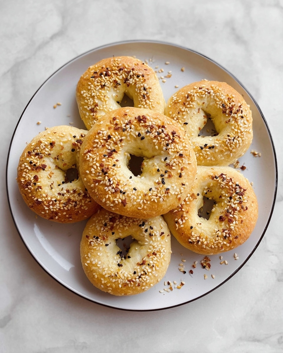 Four golden brown bagels with a slightly rough texture are arranged in a small pile on a white plate with a thin black rim. Each bagel is topped with white sesame seeds and some black seasoning, giving a speckled look. The bagels have a soft, slightly uneven surface with small browned spots, indicating they are baked. A few sesame seeds are scattered on the plate around the bagels. The plate rests on a white marbled surface with light grey veins, adding a clean and simple background. Photo taken with an iphone --ar 4:5 --v 7