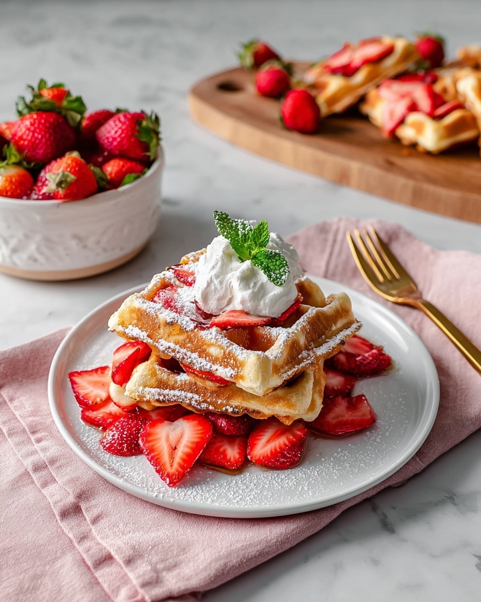 On a white plate, there are three golden brown waffle pieces layered with bright red sliced strawberries inside and scattered around them. The top waffle piece is dusted lightly with powdered sugar and topped with a dollop of white whipped cream and a small fresh green mint leaf. In the background on a white marbled surface, there is a white bowl filled with whole red strawberries, placed on a small wooden board. Nearby, a golden fork rests on a light pink cloth napkin, and in the distant background, there’s a white plate with more waffle pieces and sliced strawberries. Photo taken with an iphone --ar 4:5 --v 7