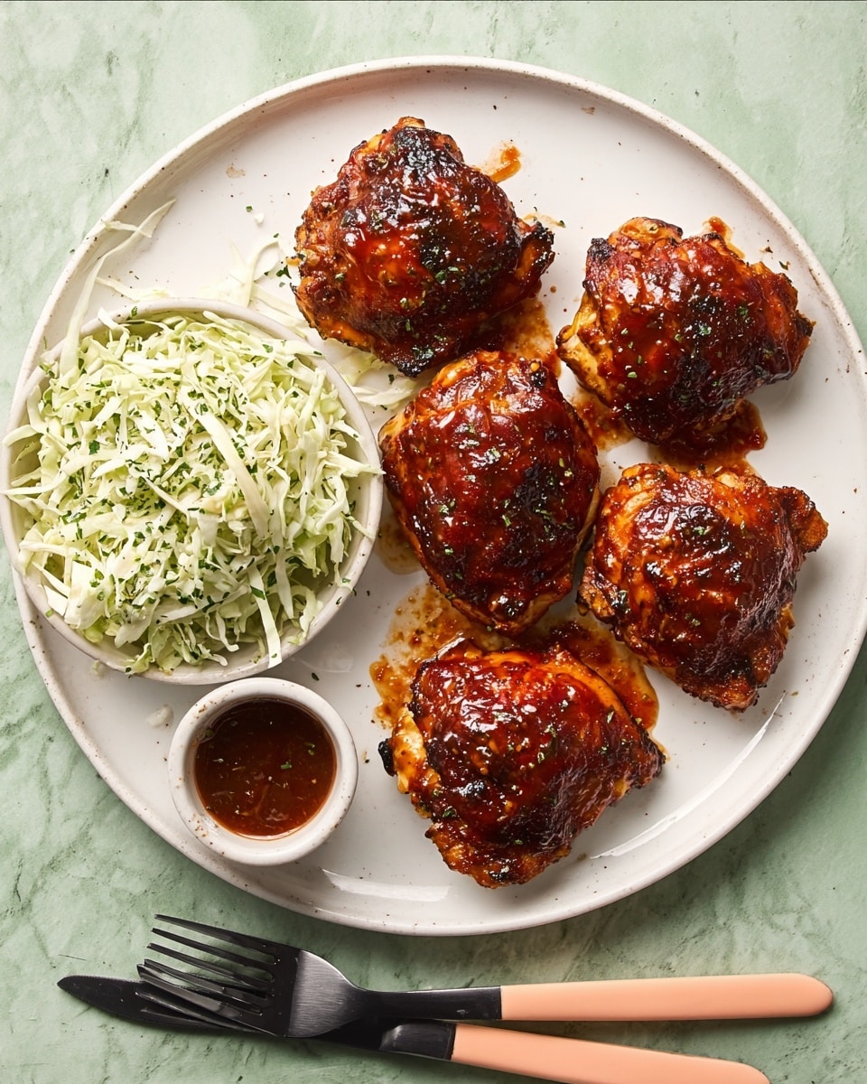 A white plate holds six pieces of grilled chicken thighs covered in a shiny, dark reddish-brown barbecue sauce with some sauce drips around the chicken. Next to the chicken, there is a small white bowl filled with creamy coleslaw made of shredded white cabbage and green herbs. A small white ramekin with extra reddish-brown sauce sits near the chicken pieces. Below the plate, there is a fork and knife with peach-colored handles on a white marbled surface. photo taken with an iphone --ar 4:5 --v 7