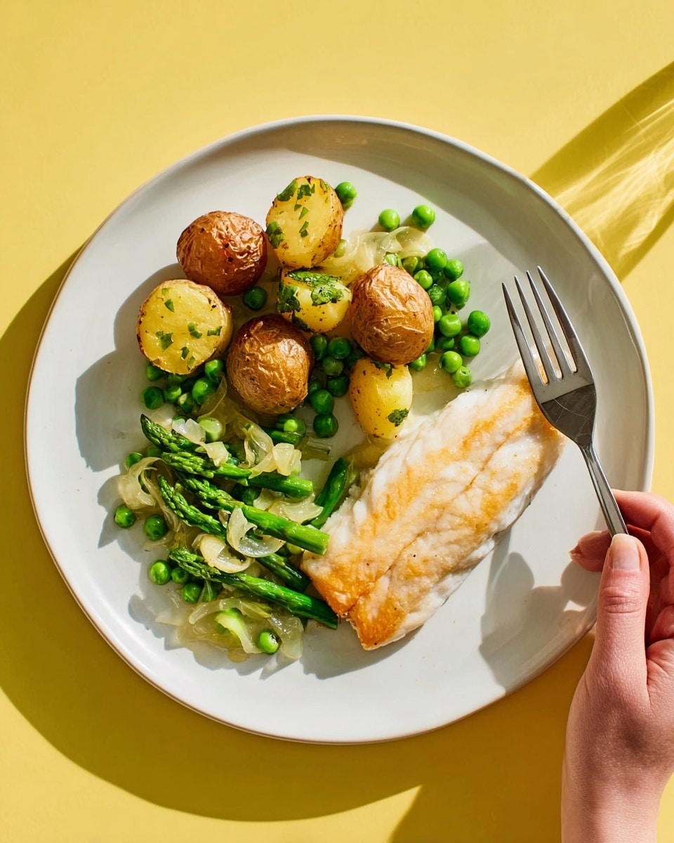 The image shows a white plate with three main groups of food arranged on it. On the right side, there is a fillet of cooked fish with a light golden-brown top layer and smooth texture. To the left of the fish, there are several small roasted potatoes in light and dark brown colors with a crispy texture. At the bottom and left side of the plate, there is a mix of green vegetables including asparagus, small green peas, and sliced light green leeks, all appearing fresh and slightly cooked. The plate is placed on a yellow background with a woman’s hand holding a fork on the right side. Photo taken with an iphone --ar 4:5 --v 7