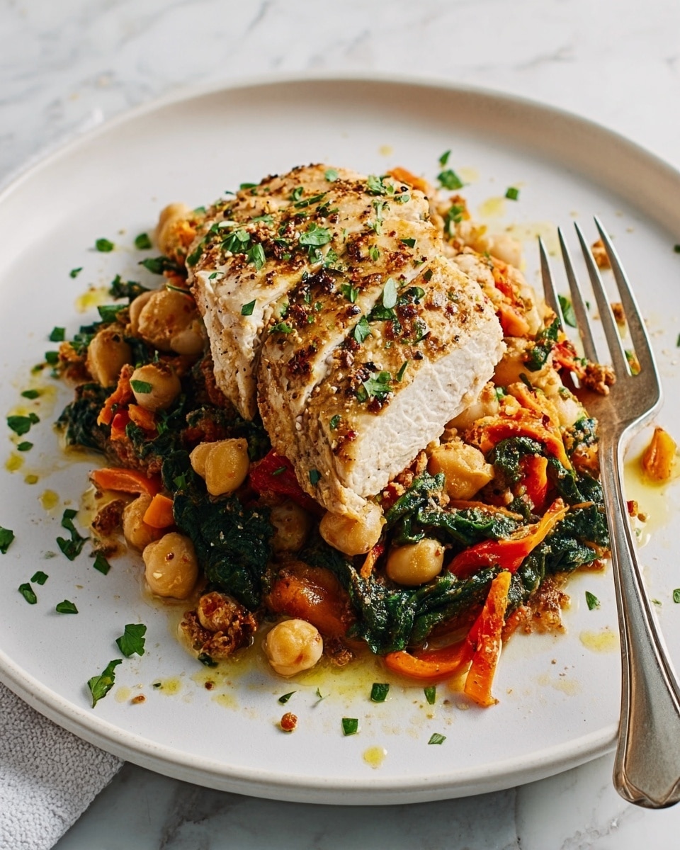 The image shows a white plate with a layered meal. The base layer consists of a mix of cooked chickpeas, wilted dark green spinach, and red-orange roasted peppers, creating a colorful and textured bed. On top, there is a cut piece of seasoned cooked chicken breast with a light golden brown crust and a soft, pale inside. The dish is garnished with finely chopped fresh green herbs and a drizzle of olive oil, adding shine and freshness. A silver fork rests on the right side of the plate, placed on a white marbled surface. Photo taken with an iphone --ar 4:5 --v 7