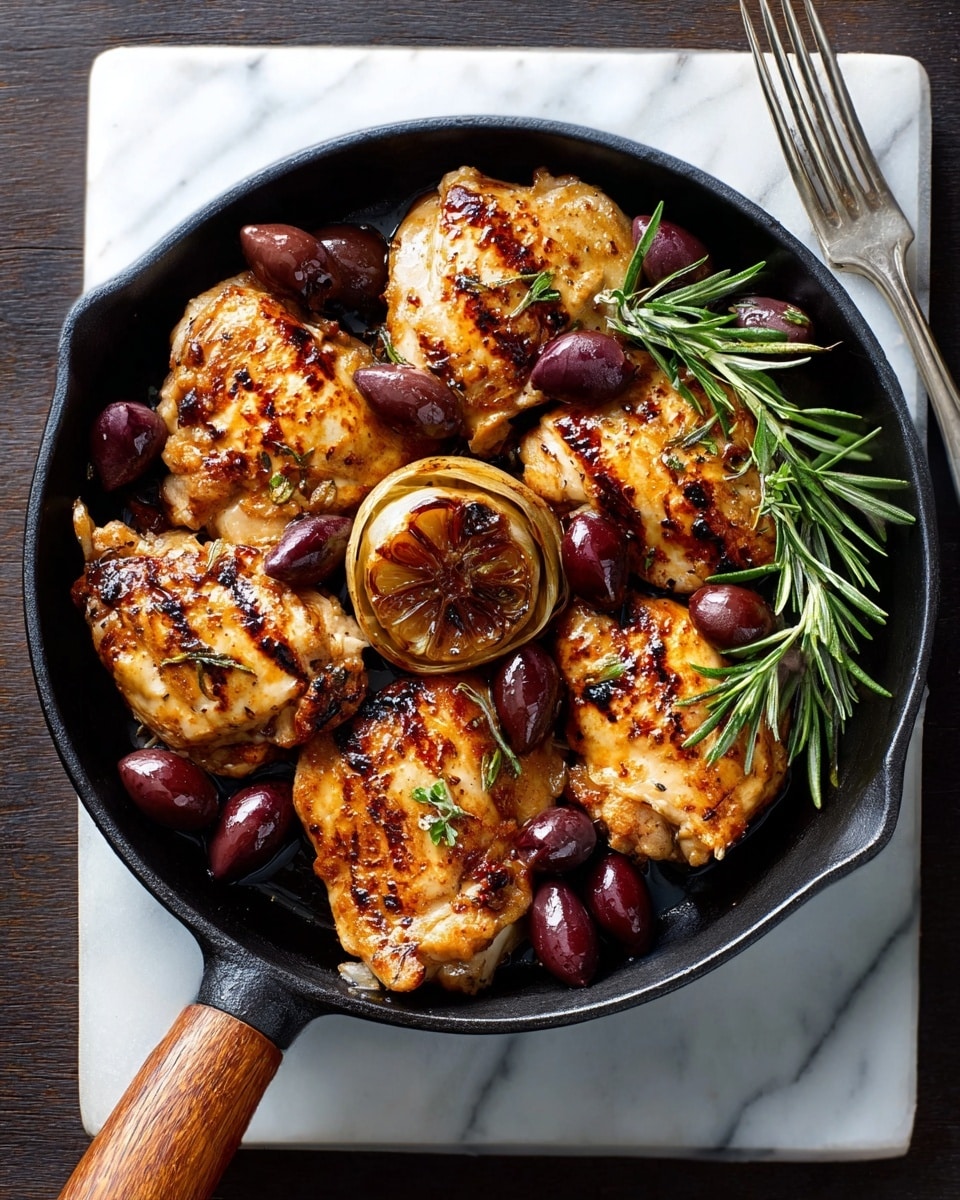 A black skillet filled with six pieces of golden-brown grilled chicken arranged tightly in the center. The chicken has visible char marks and is topped with several dark purple olives scattered across. A halved roasted garlic bulb with a sprig of fresh green rosemary rests near the chicken on one side. The skillet handle is wooden, and it sits on a white marbled surface with a silver fork nearby. photo taken with an iphone --ar 4:5 --v 7