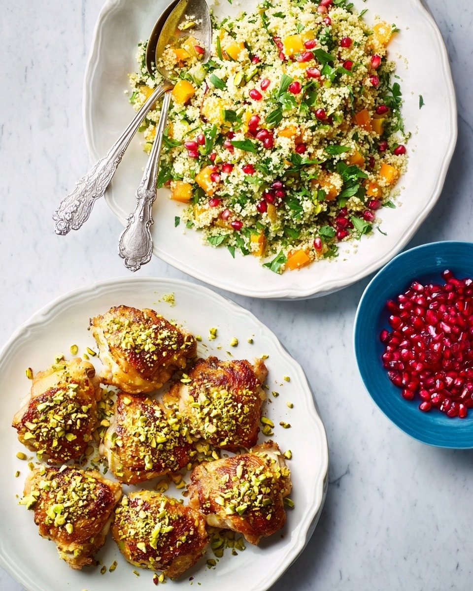 A white plate on a white marbled surface holds seven golden brown baked chicken thighs topped with chopped green pistachios. Above it, a larger white bowl filled with a colorful bulgur salad is visible, showing grains of pale yellow, bright orange slices, green chopped herbs, and shiny red pomegranate seeds, with two silver spoons resting in the bowl and some salad scattered nearby. A small blue bowl filled with red pomegranate seeds sits to the bottom left, adding more color contrast. photo taken with an iphone --ar 4:5 --v 7
