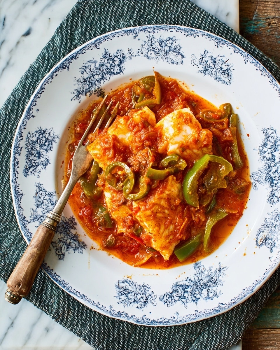 A white plate with blue floral patterns holds a rich, red-orange sauce as the base layer, containing visible chunks of tender chicken and slices of green and red peppers mixed throughout the sauce. The chicken pieces have a slightly rough, cooked texture and are soaked in the thick, glossy sauce that covers most of the plate. A wooden-handled fork rests on the left edge of the plate, partly dipped into the dish. The plate is placed on a soft, dark gray cloth on top of a white marbled surface, creating a cozy setting for the meal. Photo taken with an iphone --ar 4:5 --v 7