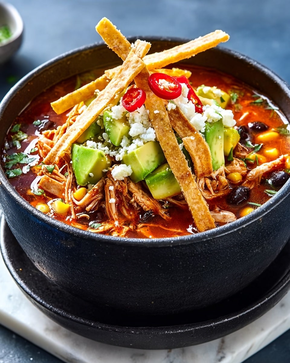 A black bowl filled with a colorful chicken tortilla soup sits on top of a matching black bowl against a white marbled background. The soup has a rich reddish broth with visible chunks of shredded chicken, black beans, and corn. On top, there are several green avocado chunks, thin red chili slices, and small white crumbles of cheese. Long, thin, golden tortilla strips are placed leaning across the top, adding height and texture to the dish. Photo taken with an iphone --ar 4:5 --v 7