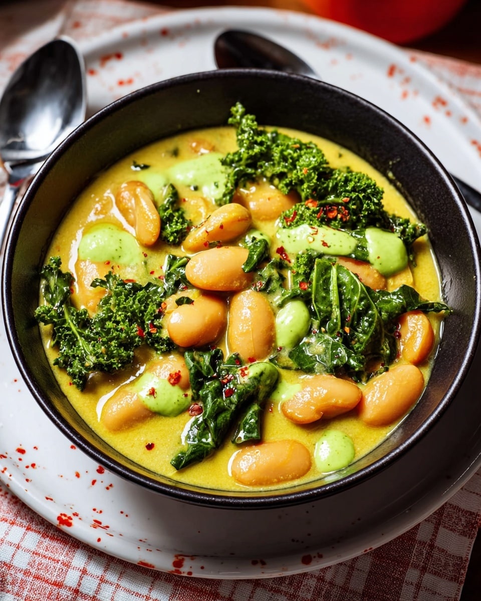 A black bowl filled with a vibrant dish sits on a white plate with a red rim, placed on a white marbled surface covered by a red checkered cloth. The dish has three main layers: the base layer is a smooth yellow sauce covering the bottom of the bowl, the middle layer consists of large, light beige beans and green kale leaves scattered evenly, and the top layer is a bright green sauce drizzled over the beans and kale, adding a creamy texture. Small red mustard seeds are sprinkled throughout the dish, adding a contrasting pop of color. Photo taken with an iphone --ar 4:5 --v 7