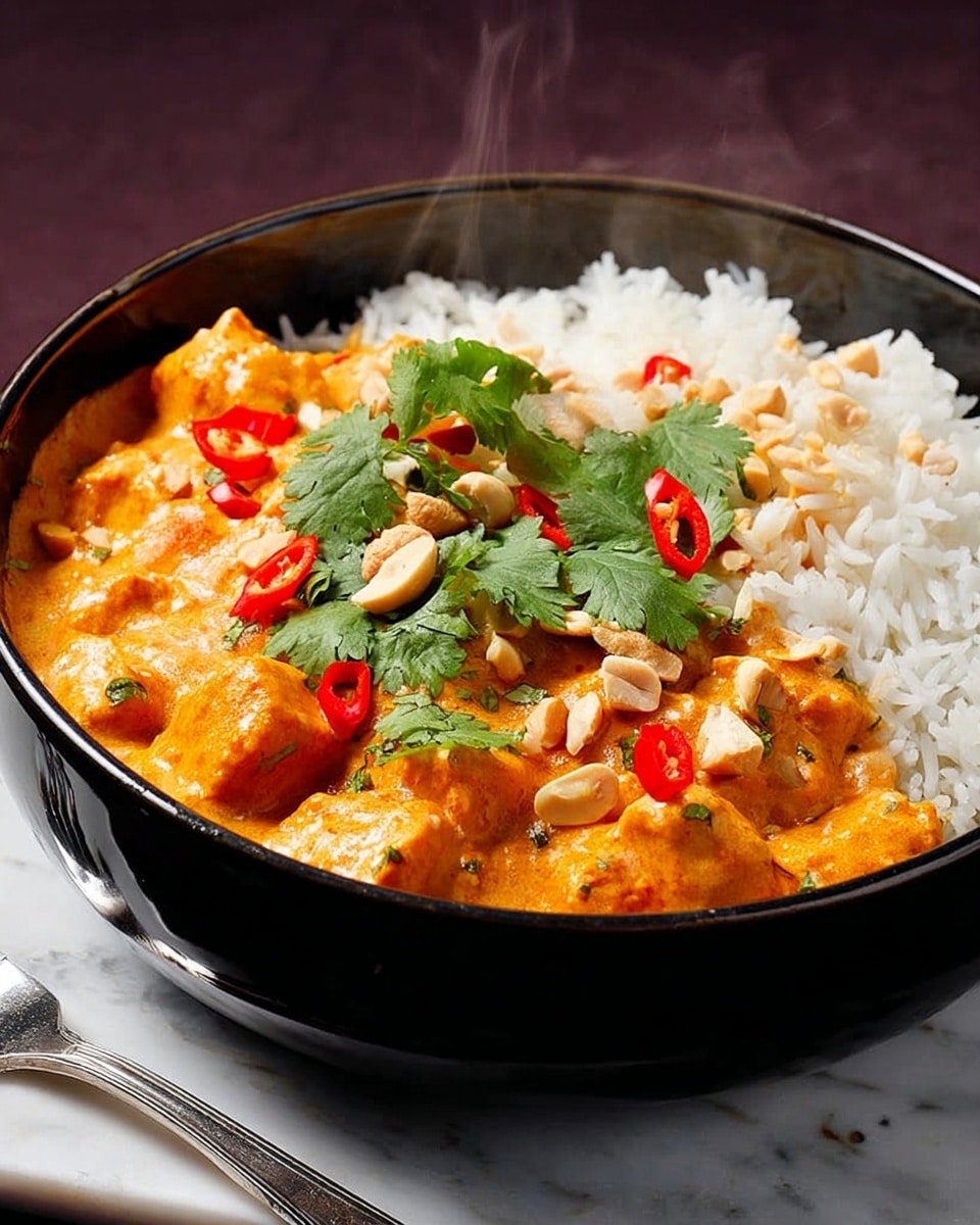 A black bowl filled with two main layers: white fluffy rice on one side and bright orange creamy curry with large, chunky pieces of tofu on the other side. The curry is thick with a smooth texture and is topped with chopped peanuts, fresh green cilantro leaves, and slices of red chili pepper. Steam rises gently from the bowl, creating a warm and fresh appeal. The bowl sits on a white marbled surface with a silver fork placed nearby. photo taken with an iphone --ar 4:5 --v 7