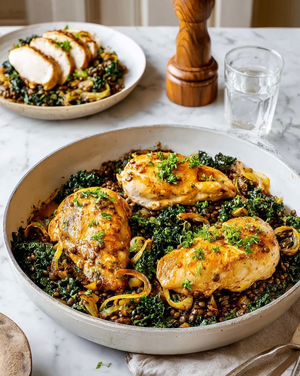 The image shows a light gray pan filled with three golden-brown cooked chicken breasts placed on top of a colorful layer of sautéed kale, lentils, and thinly sliced cooked onions, all mixed together with a rich, slightly oily sauce. The kale is bright green and the lentils are a dark brown, giving good contrast to the chicken's crispy, light golden skin. In the background, there is a white plate with sliced chicken breast resting on a similar kale and lentil mixture. The pan is set on a white marbled surface with a natural linen cloth underneath, and a wooden pepper grinder is visible to the side. The whole setting gives a warm and fresh feeling, with the garnished fresh green herbs adding a final touch of color. photo taken with an iphone --ar 4:5 --v 7