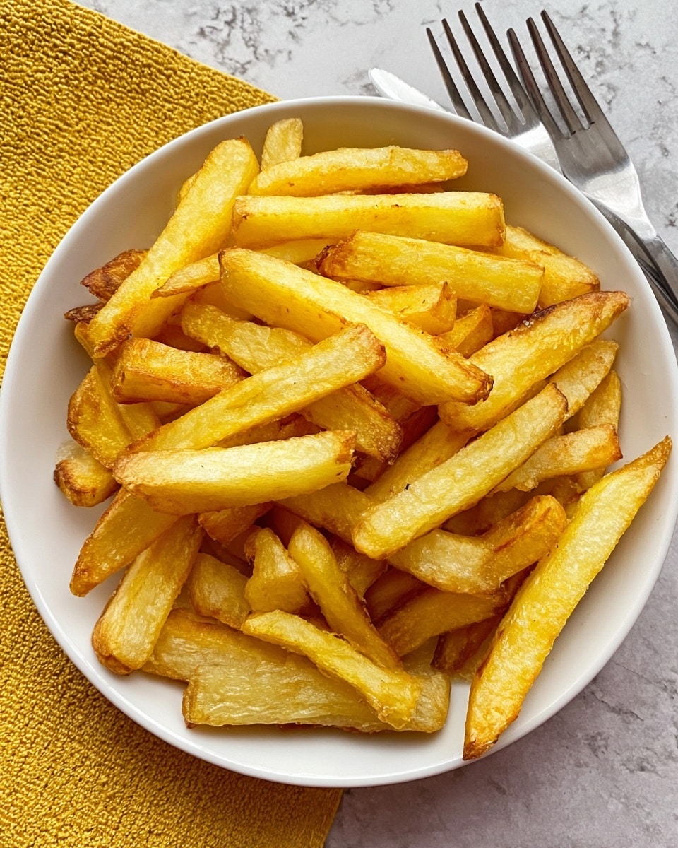 A white bowl filled with thick, golden-brown fries stacked on top of each other, showing a mix of crispy edges and soft centers, placed beside a yellow cloth napkin and a shiny silver fork on a white marbled surface. photo taken with an iphone --ar 4:5 --v 7