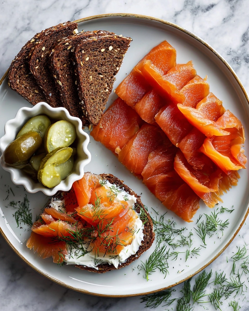 A white plate sits on a white marbled surface holding several layers: at the top and right side, there are thin, bright orange smoked salmon slices with dark edges, neatly fanned out. On the left, three slices of dark brown rye bread rest beside a small white fluted dish filled with greenish pickles garnished with fresh dill. In the bottom center of the plate, one slice of rye bread is spread with creamy white cheese, topped with smoked salmon pieces, sliced pickles, and sprinkled fresh dill. Photo taken with an iphone --ar 4:5 --v 7