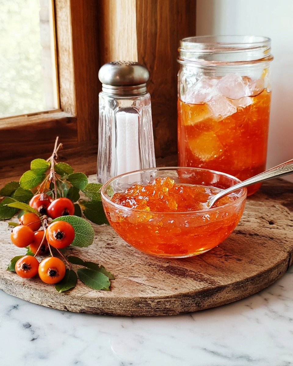 A clear glass bowl with a silver spoon inside is filled with bright orange jam that has a sticky, jelly-like texture and small bits of fruit visible throughout, sitting on a round wooden board. Next to the bowl is a clear glass jar also filled with the same orange jam and big ice cubes, shining with a wet, cold look. In front of the jar are several small reddish fruits with green leaves attached, resting casually on the wooden board. Behind the bowl, there is a tall, clear glass salt shaker with a silver top. The whole scene is set against a white marbled surface near a wooden window frame. Photo taken with an iphone --ar 4:5 --v 7