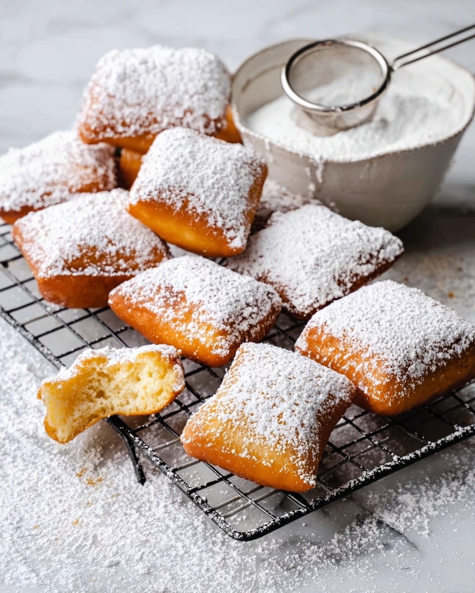 A wire cooling rack holds about a dozen square-shaped beignets, each golden brown with a lightly crisp texture. The beignets are generously dusted with white powdered sugar, giving them a soft snowy look. One beignet in the front is broken in half, showing a light, airy, and fluffy inside in pale yellow. Behind the beignets, there is a white bowl filled with powdered sugar, with a fine metal sifter resting on top. All of this sits on a white marbled surface, with scattered powdered sugar adding a light dusting around the rack. photo taken with an iphone --ar 4:5 --v 7